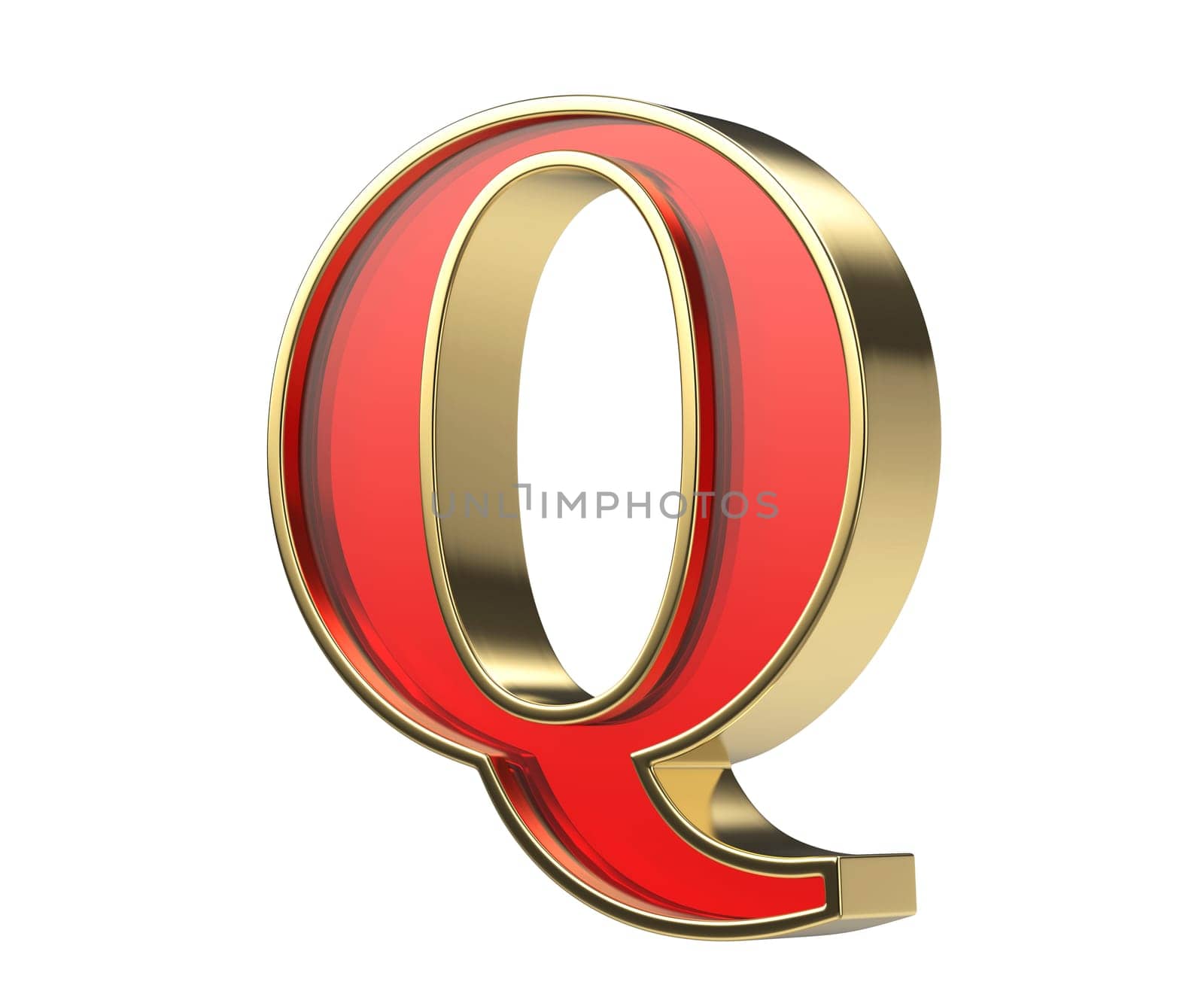 Red glass letter Q with a shiny golden frame, isolated on a white background