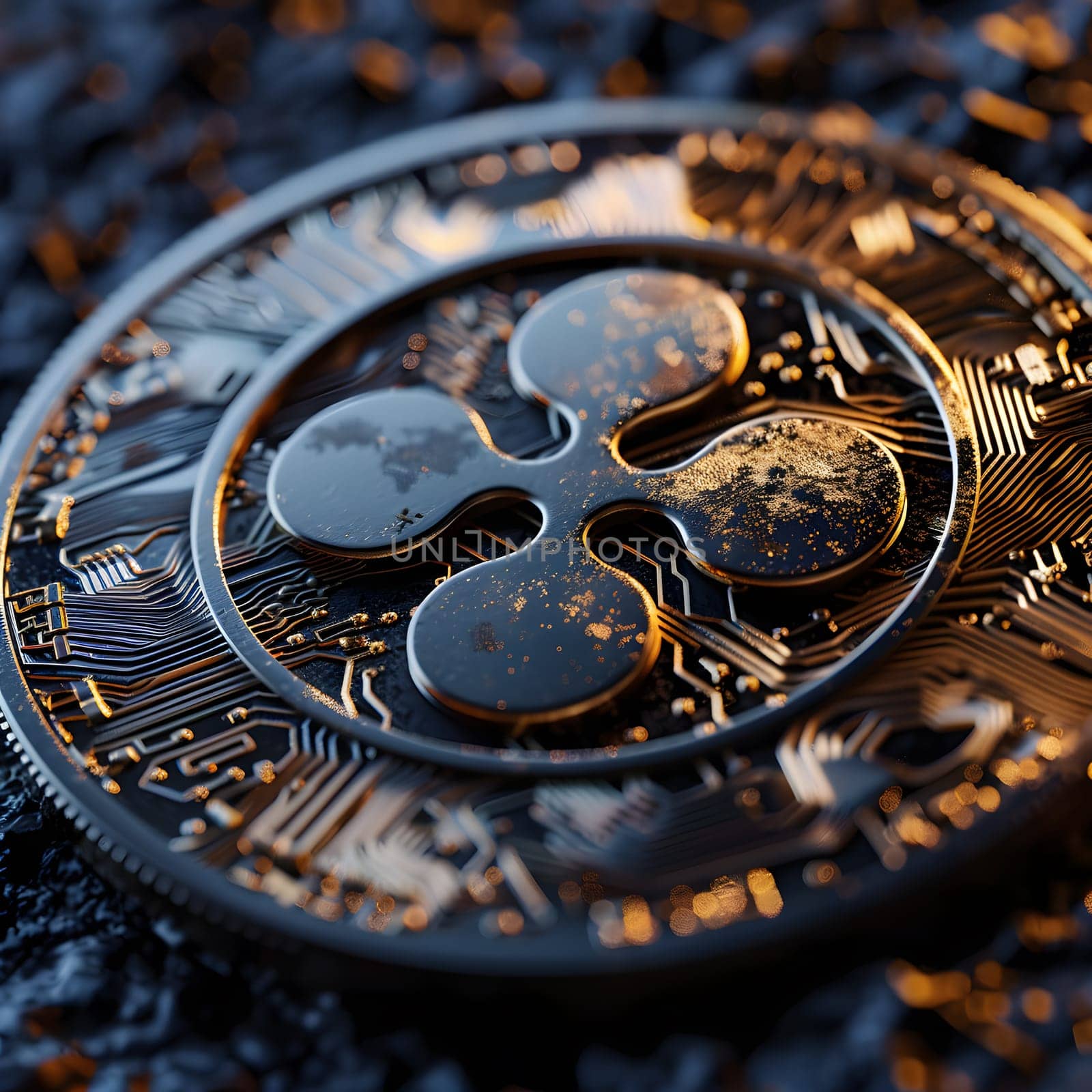 Detailed Ripple cryptocurrency coin macro shot with intricate patterns.