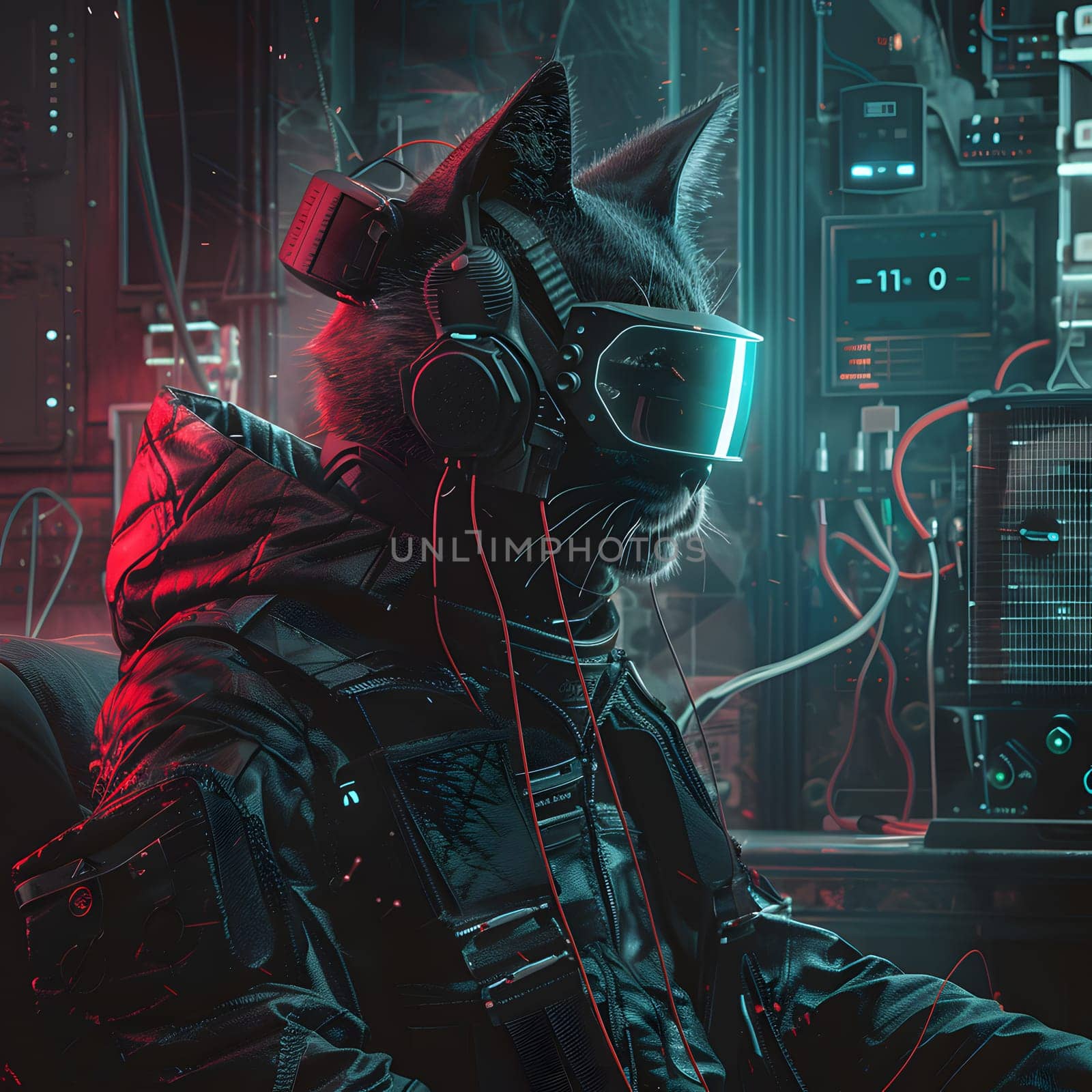 In a futuristic server room, a cyberpunk cat is seen wearing a VR headset