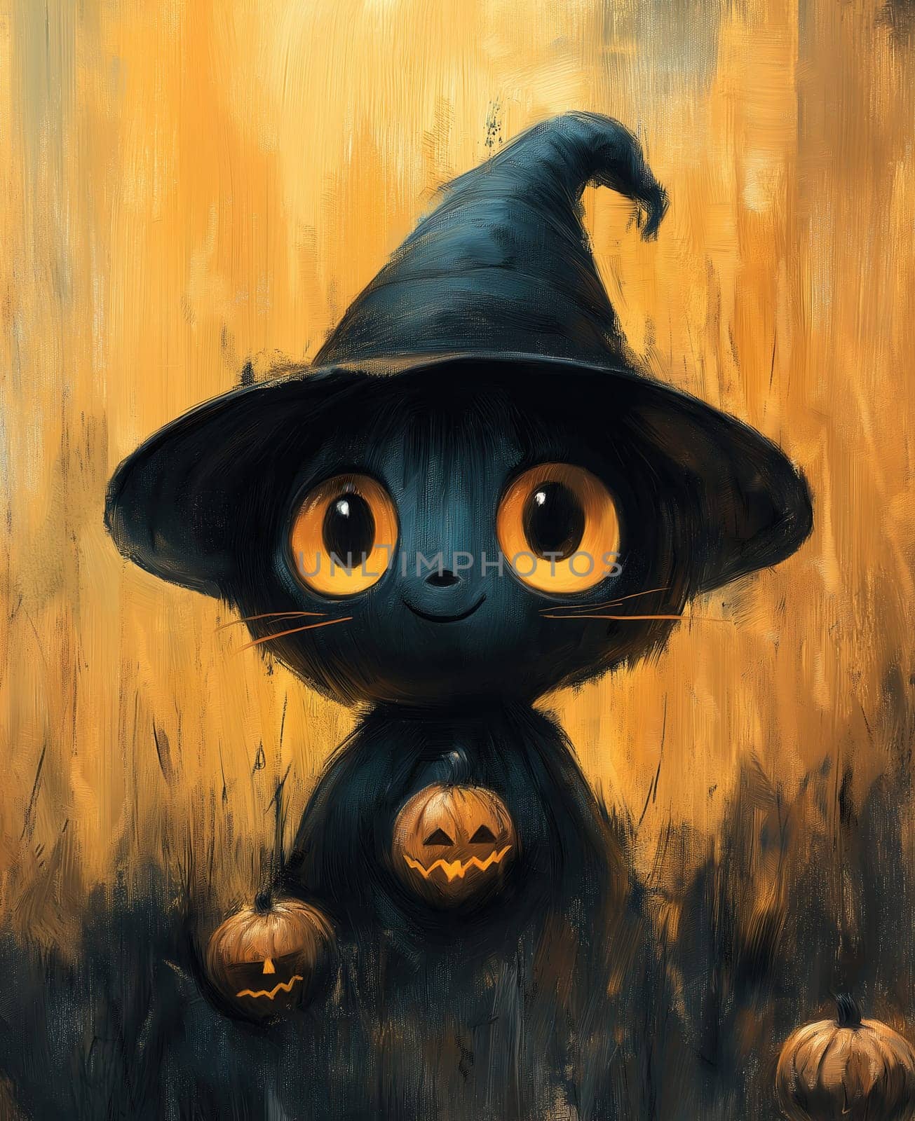 Illustration black cat is going to celebrate halloween. Selective focus.