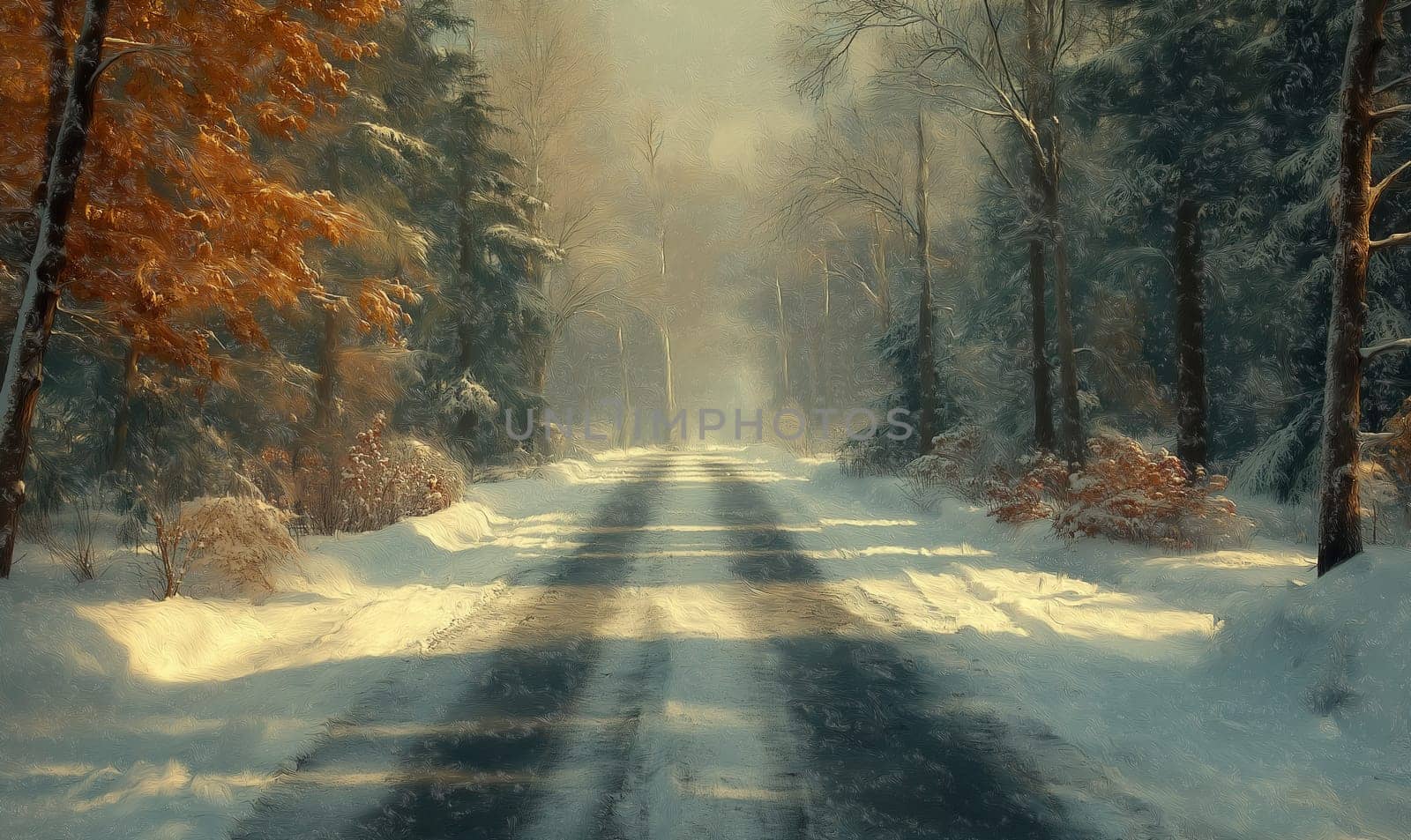 Winter picture, with the image of a snowy road through the forest. Selective focus.