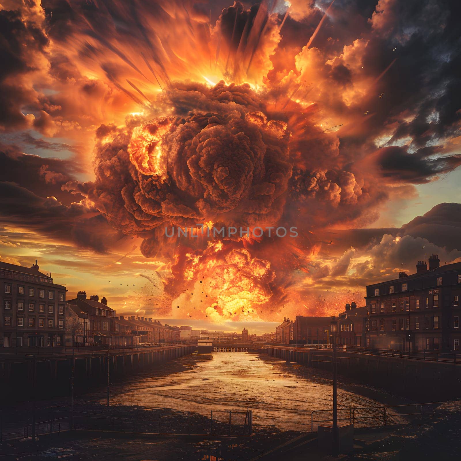 Dramatic explosion with fiery clouds billowing over a city river during sunset