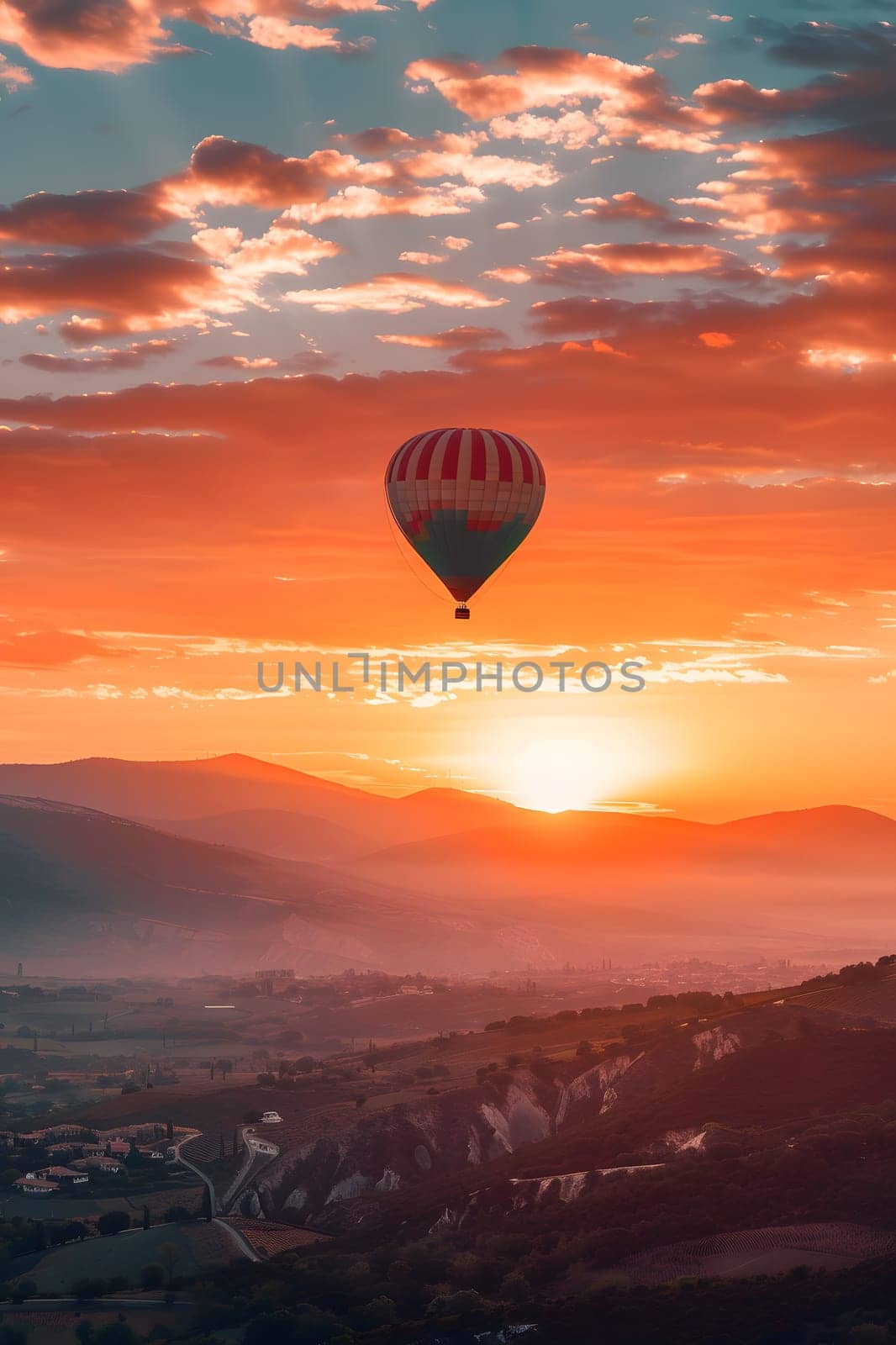 Hot air balloon flying at sunrise, scenic landscape with mountains and valleys.