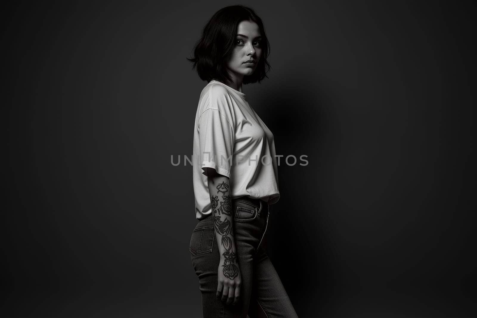 The woman stands confidently in a relaxed pose, showcasing her detailed tattoos while dressed in a simple t-shirt and jeans, illuminated against a dark background - Generative AI