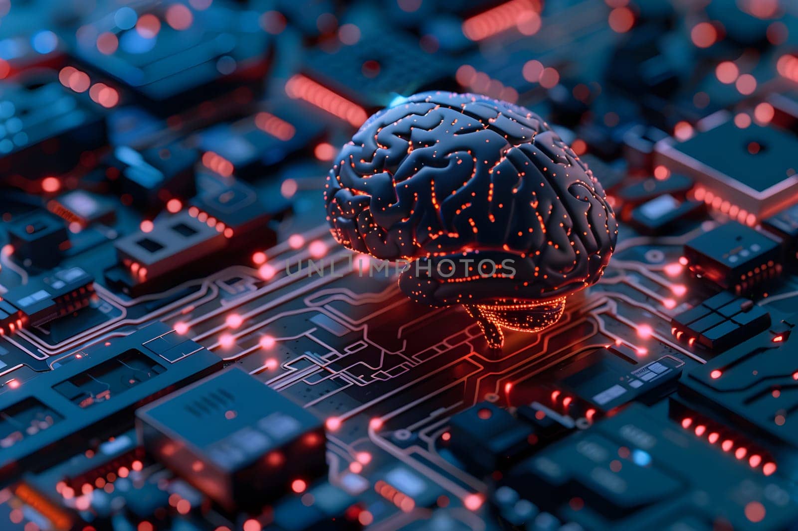 Futuristic brain on a circuit board symbolizing AI and technological advancements