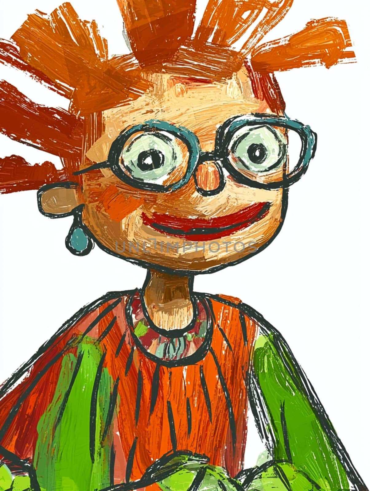 Vibrant illustration of a cheerful woman with spiky red hair and round glasses, showcasing a unique and quirky style on a white background