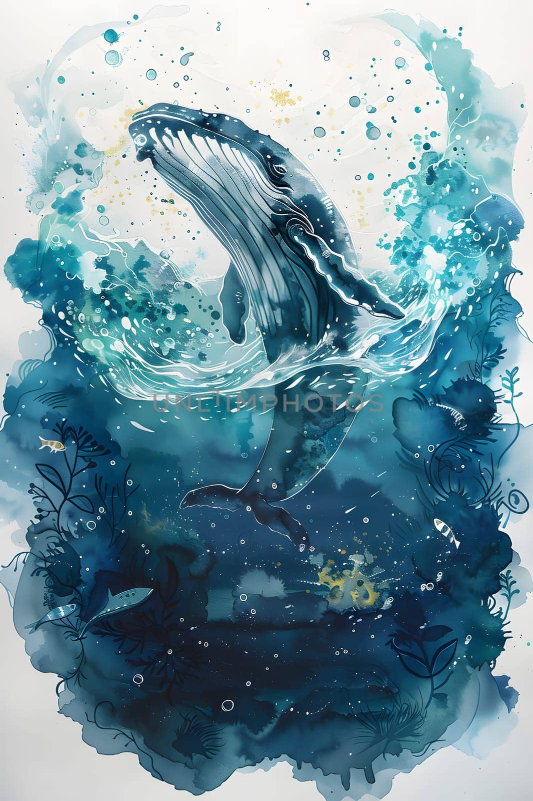 A majestic whale gracefully swims through the water in a stunning watercolor painting, showcasing the beauty of marine life in art