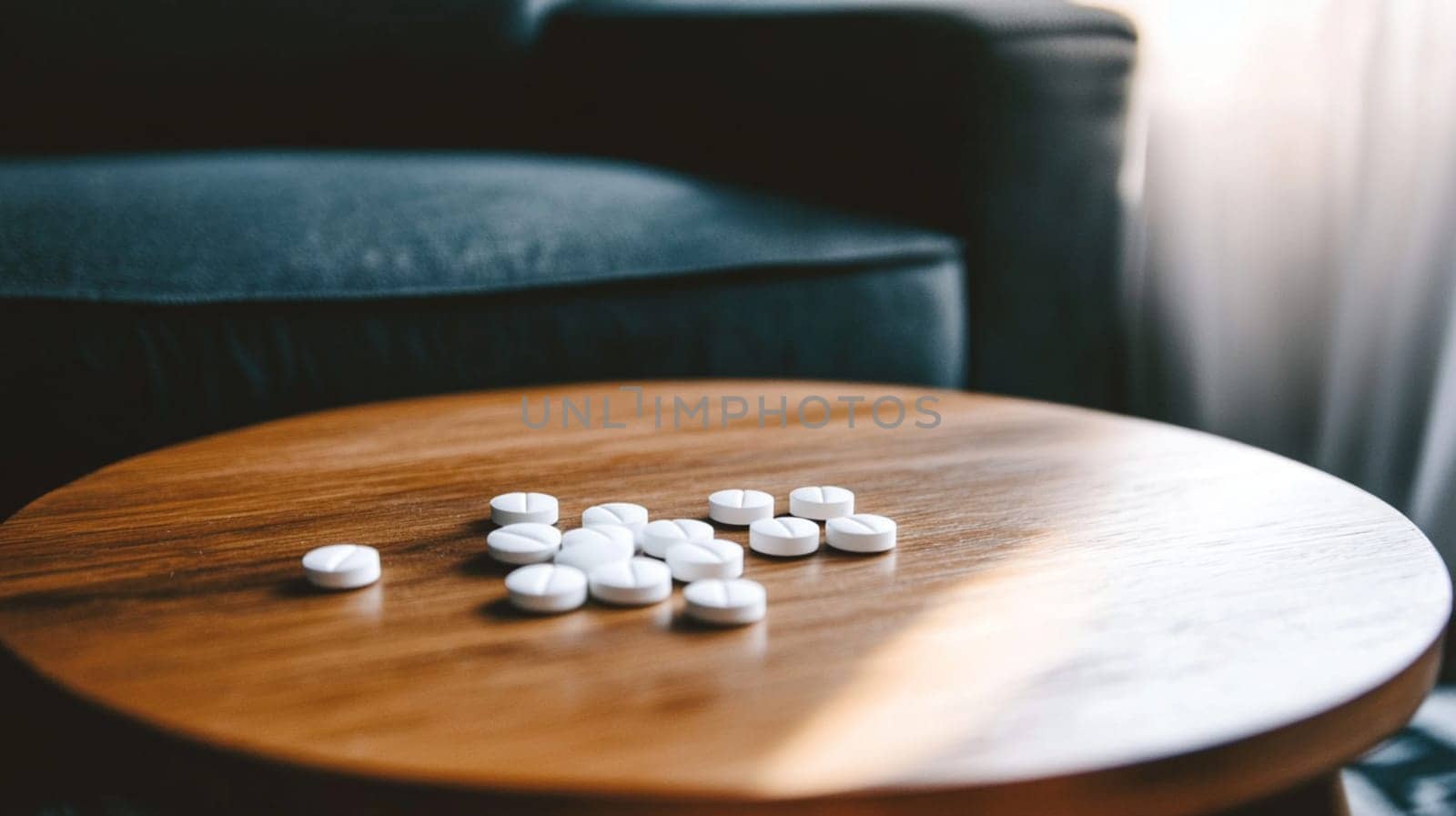 Pile of white pills is lying on a wooden coffee table in a living room, suggesting potential themes of medication, healthcare, or the challenges of maintaining well being