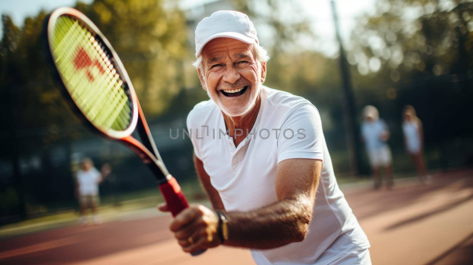 An elderly male tennis player, dressed in a white shirt and hat, energetically swings his racket on a sunny day. He radiates joy and enthusiasm, with a blurred tennis court in the background.