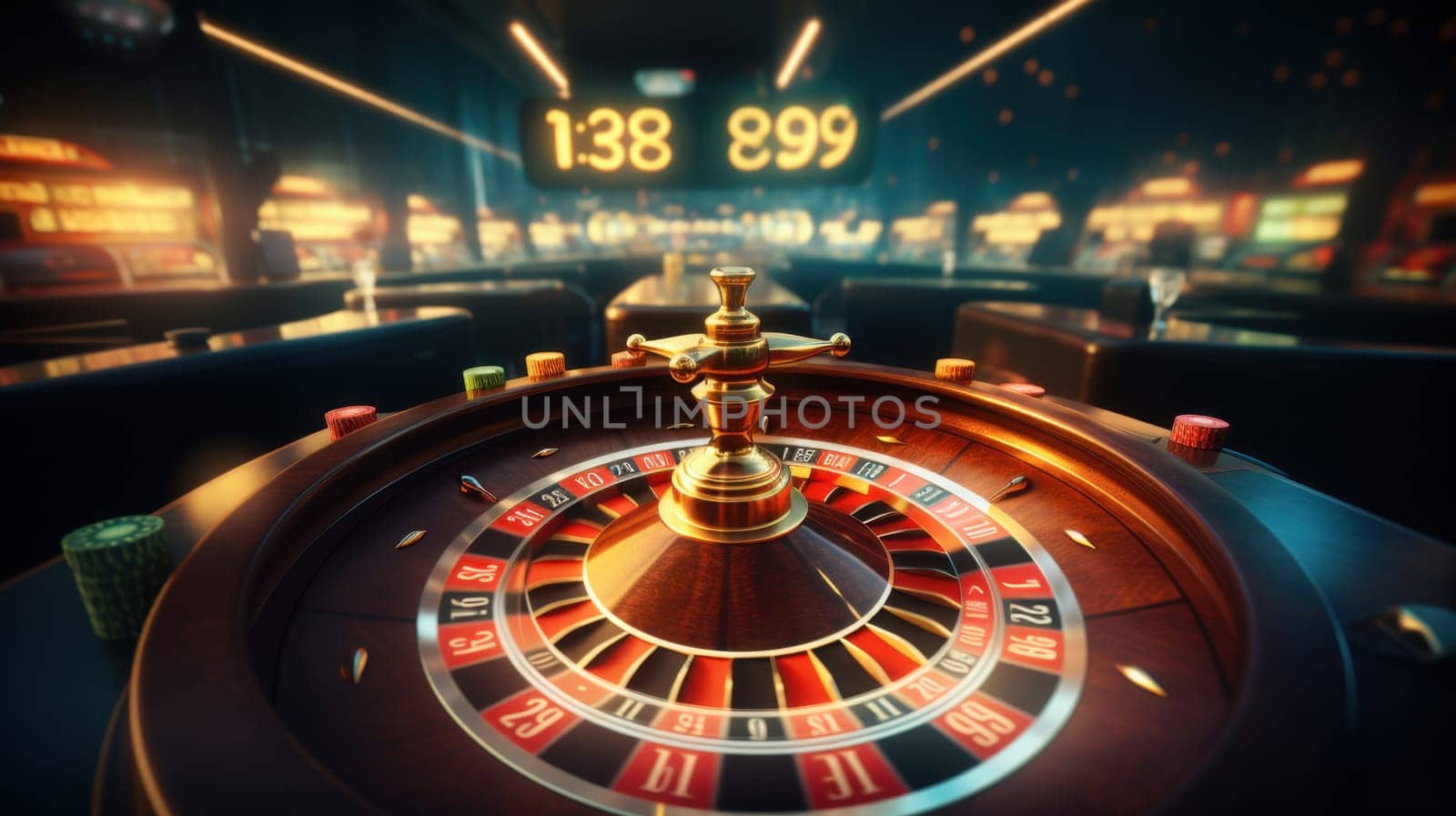 An elegant casino roulette wheel spins gracefully, showcasing its wooden finish and a golden ball in motion against a vibrant, blurred background of bright casino lights and lively people.