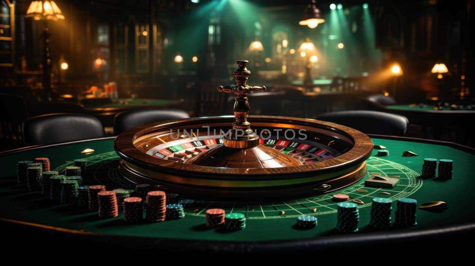 A classic wooden roulette wheel is displayed on a green baize casino table. The wheel has 37 slots numbered 0 to 36, and colorful chips are stacked at each corner, inviting players to try their luck.