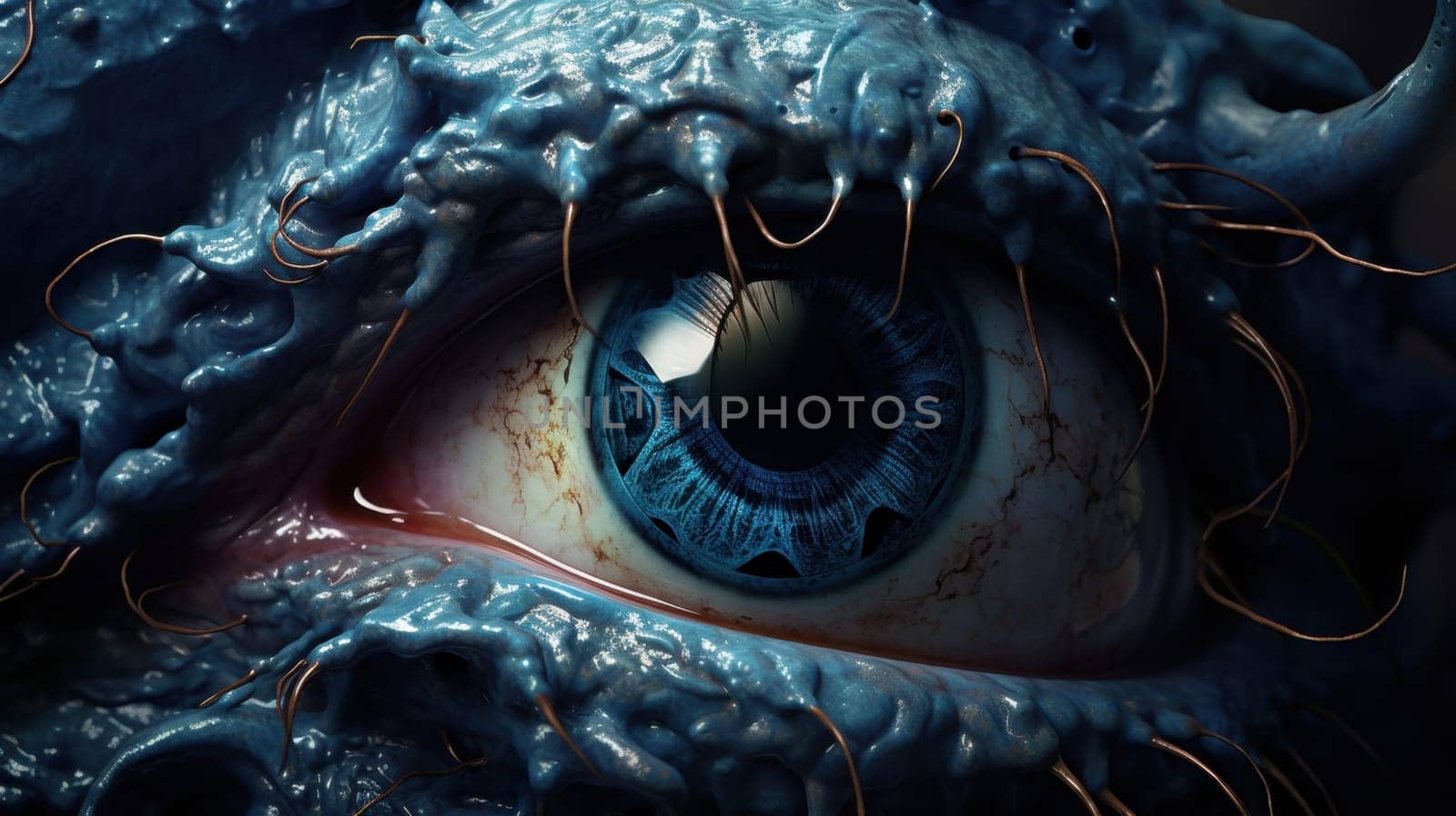 A close-up of an eyeball featuring a striking blue iris and intricate black veins. The eyeball is ominously surrounded by thick black goo, creating a dark and eerie atmosphere in the image.