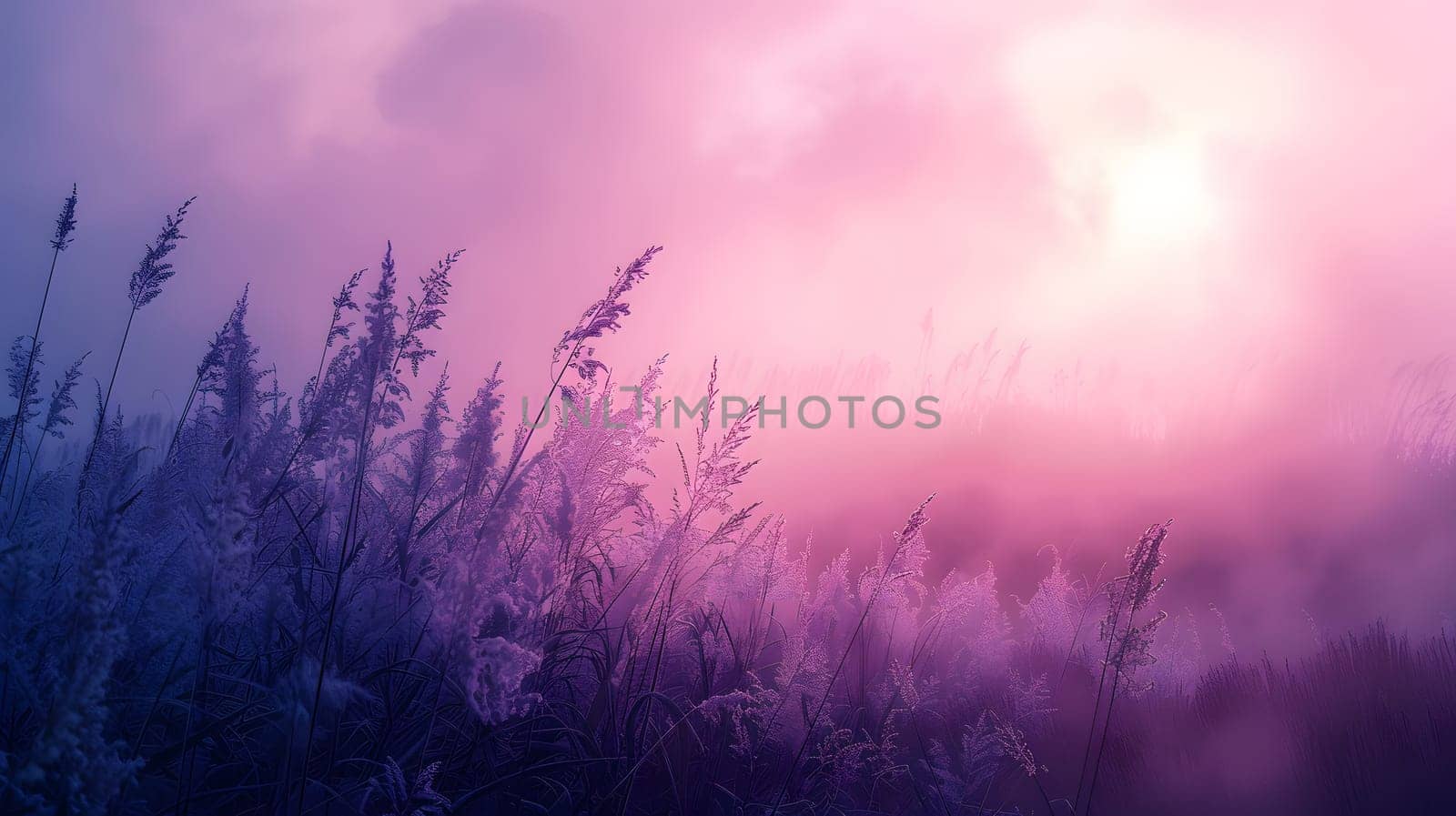 The purple sky contrasts beautifully with the lush violet grass in the natural landscape, as the sun peeks through the clouds over the field