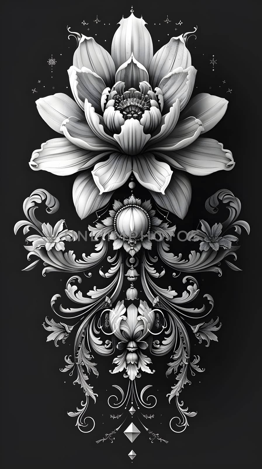 Elegant floral motif with intricate detailing, set against a dark background