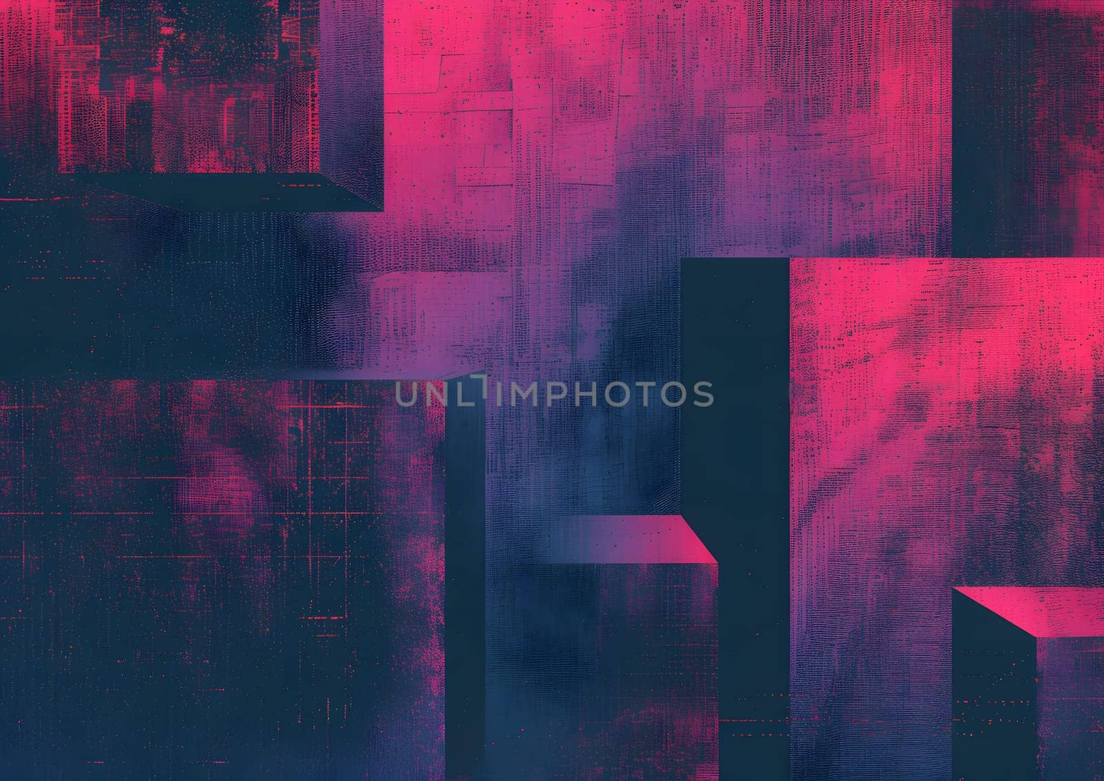Abstract geometric blocks with neon pink and blue colors, dark grunge textures