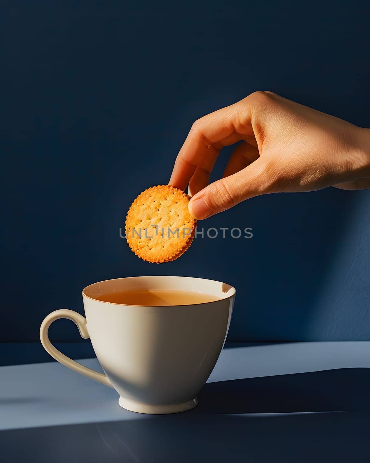 Hand dipping a biscuit into a cup of tea, minimalist style, moody lighting