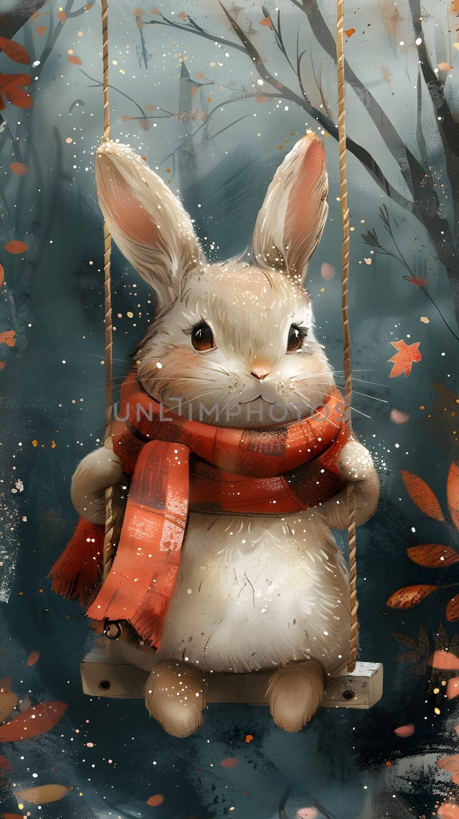 A domestic rabbit with long whiskers and floppy ears is perched on a swing, showcasing its terrestrial animal nature in a cozy scarf