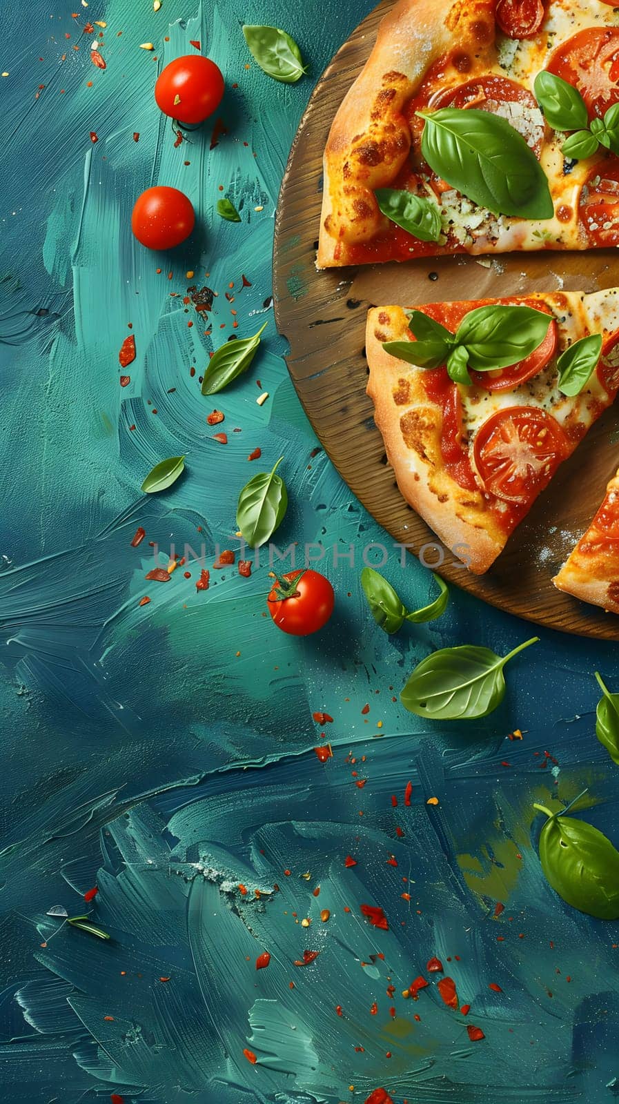 Top view of pepperoni pizza with basil leaves and cherry tomatoes, appetizing food