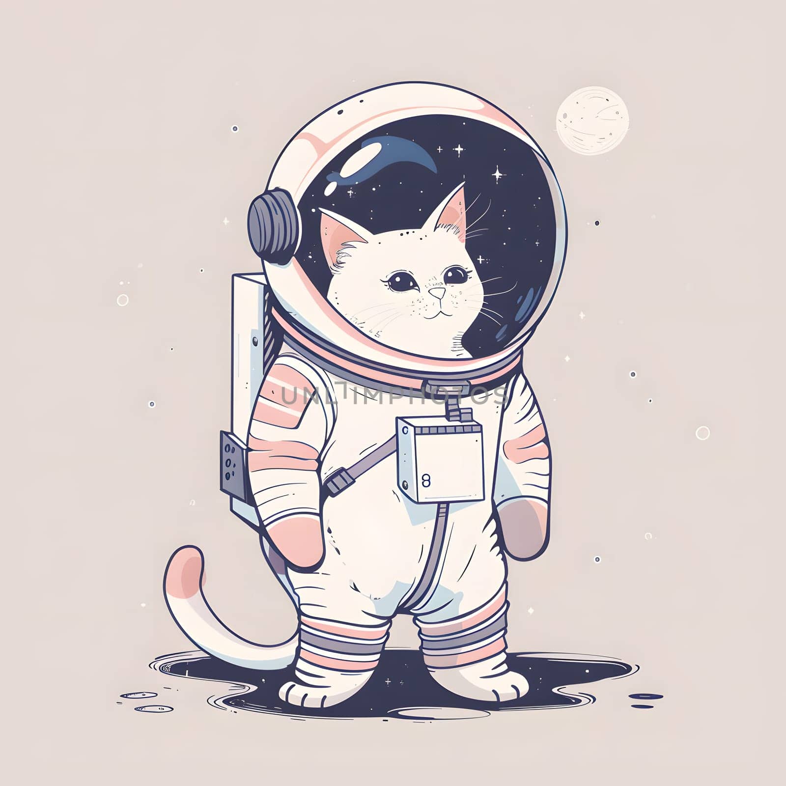 An adorable cat in an astronaut suit stands on the moon in a spacethemed illustration