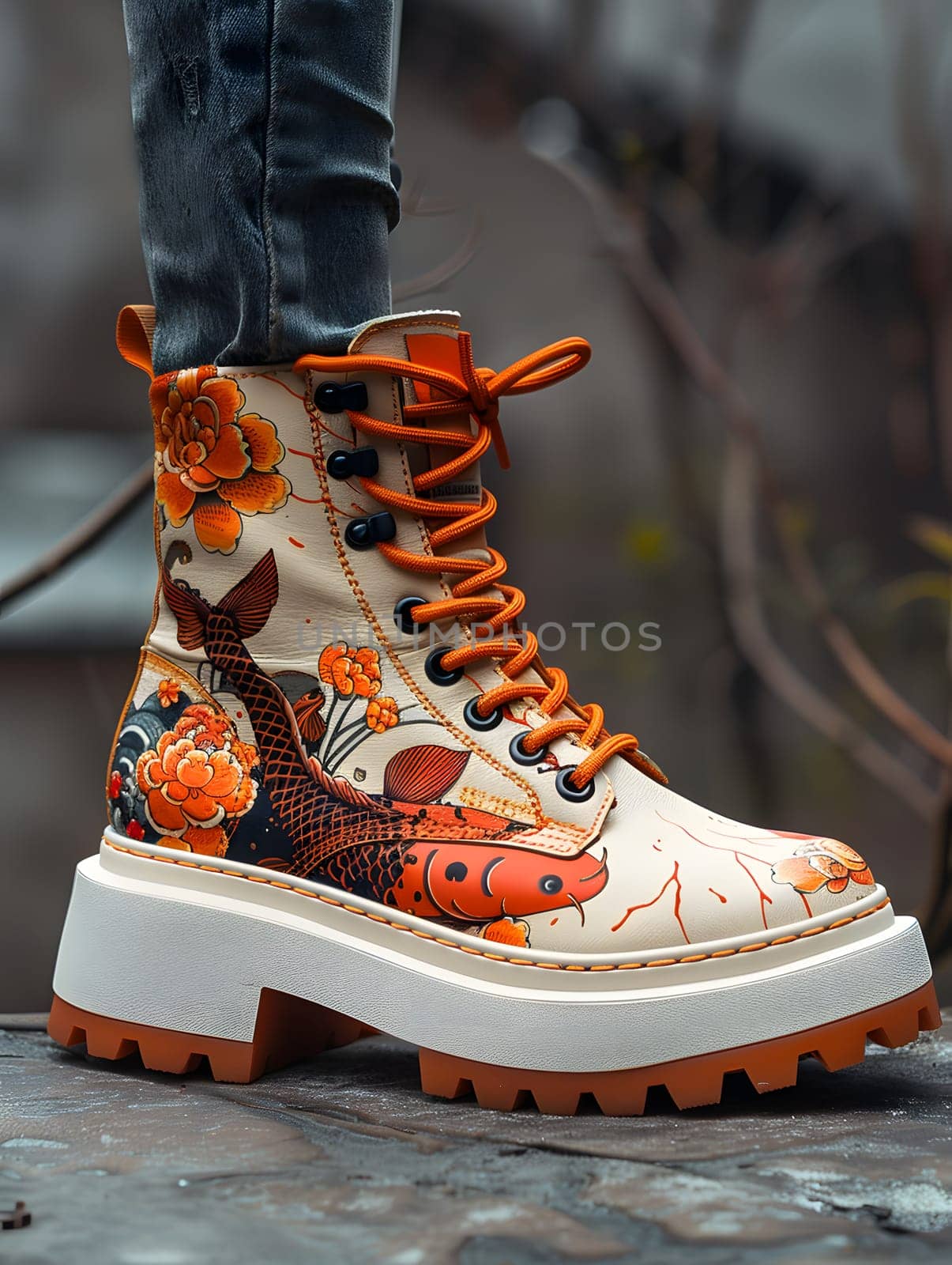 Chic boot with orange floral, fish design, rugged soles, perfect for street style
