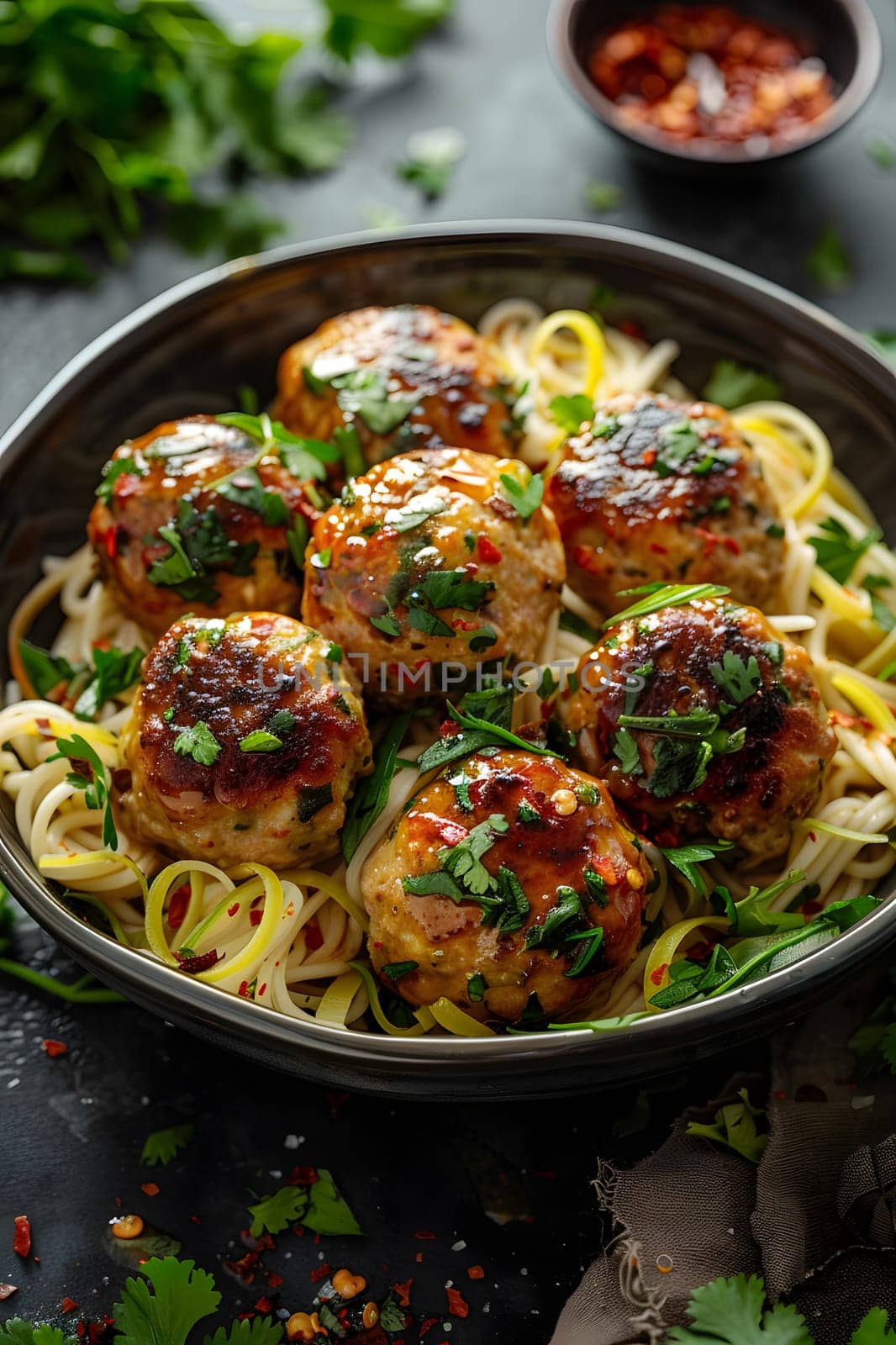 A dish of meatballs and noodles, a fusion of cuisine and produce, served on a table as a delicious finger food option with plantbased ingredients
