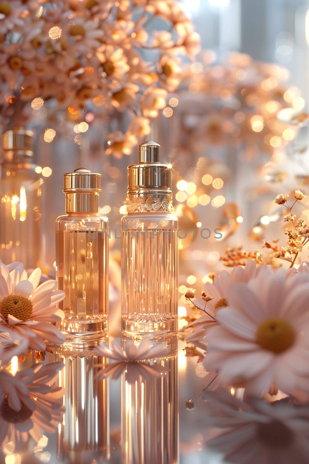 Elegant perfume bottles displayed with delicate flowers in soft lighting