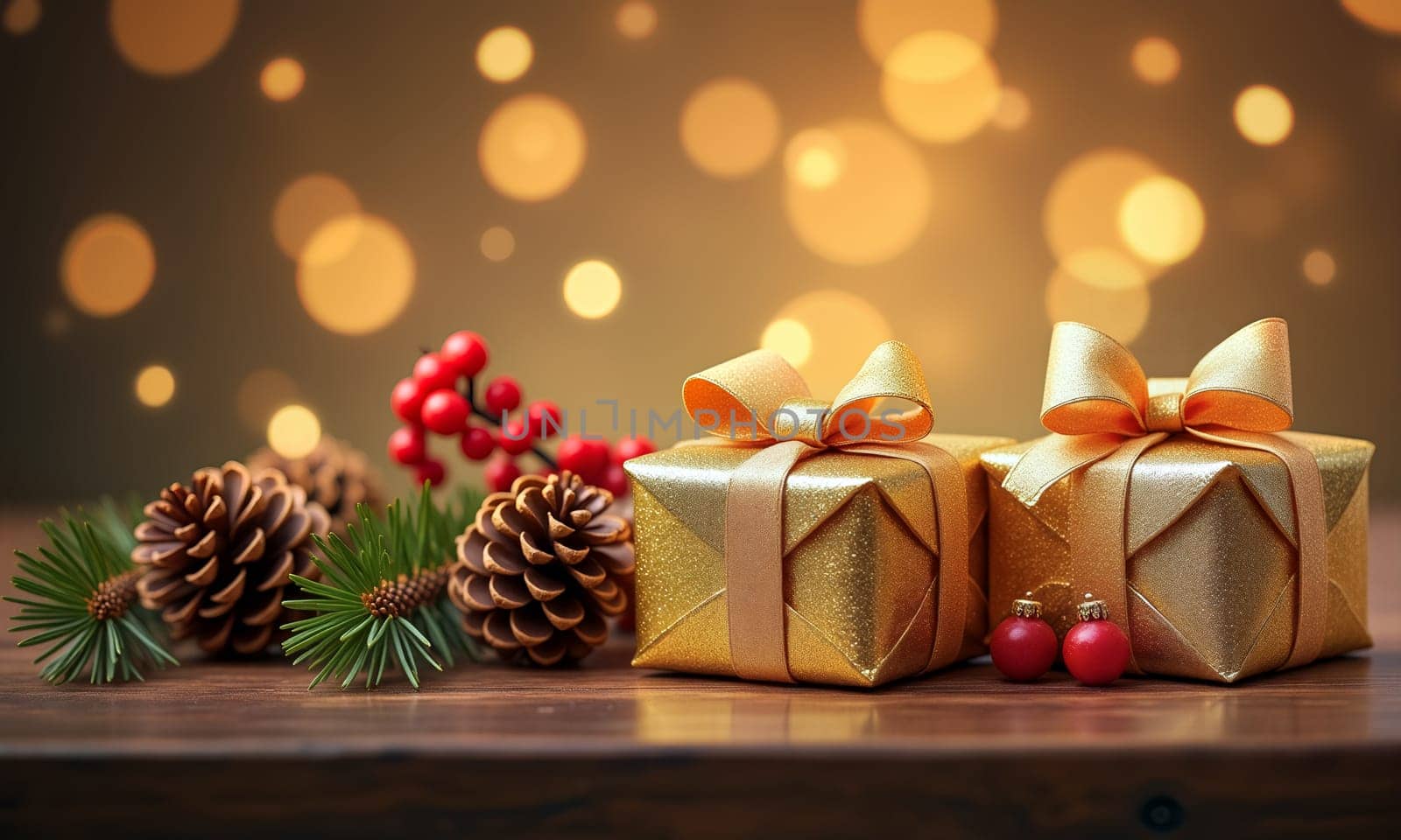 Two golden wrapped gifts with bows sit next to pinecones and red berries, creating a cozy holiday atmosphere with bokeh lights - Generative AI