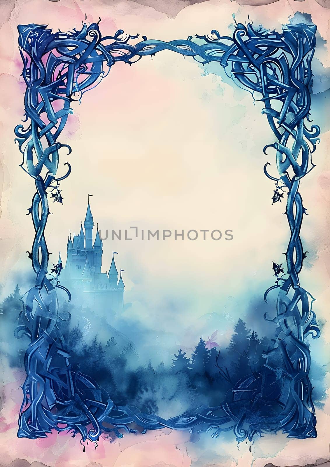 Enchanted castle in misty forest surrounded by an intricate blue frame