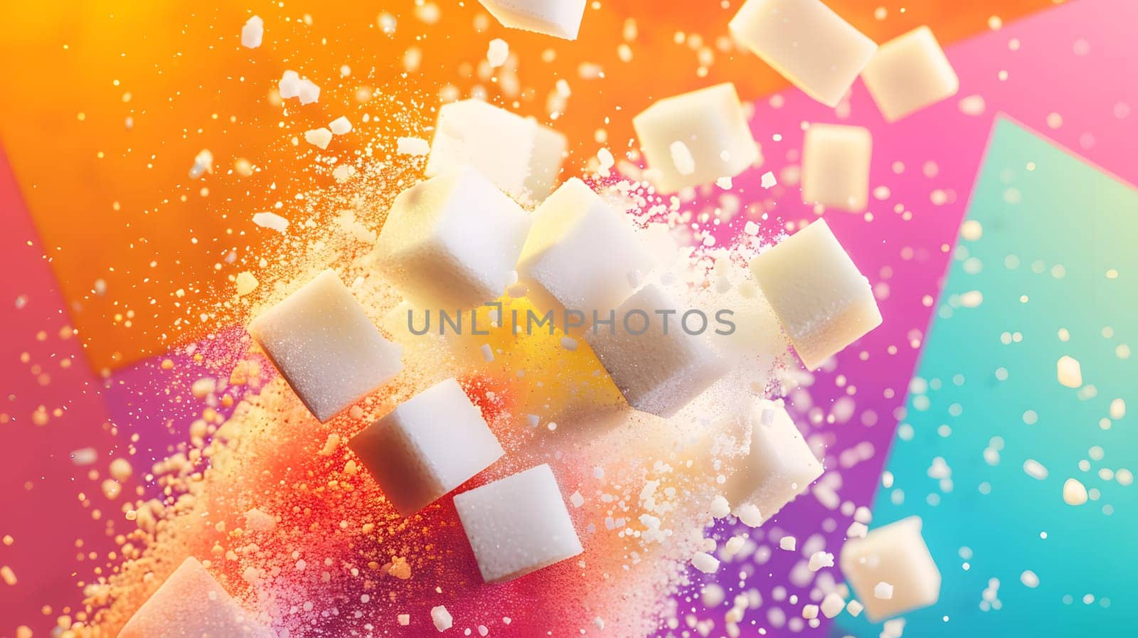 Dynamic modern background with vibrant geometric design and floating sugar cubes