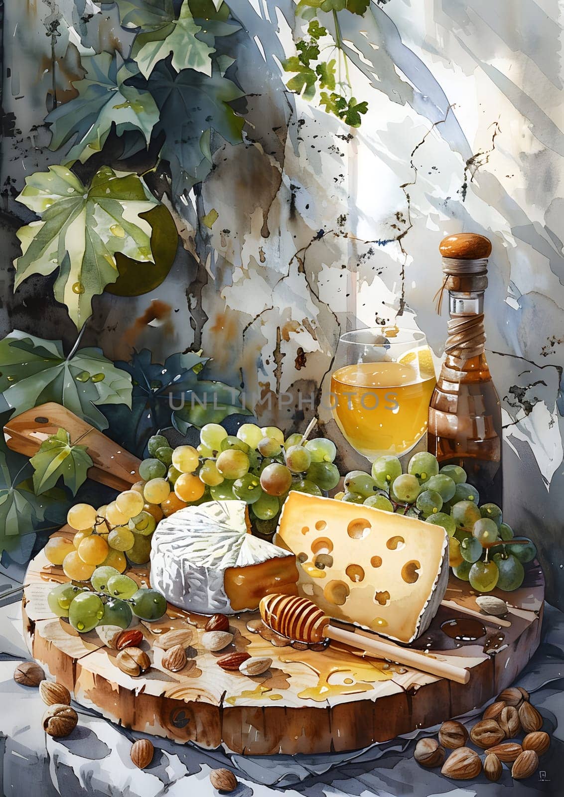 A still life painting featuring a spread of ParmigianoReggiano cheese, fresh grapes, honey, and nuts on a rustic wooden cutting board, showcasing a delightful mix of food ingredients
