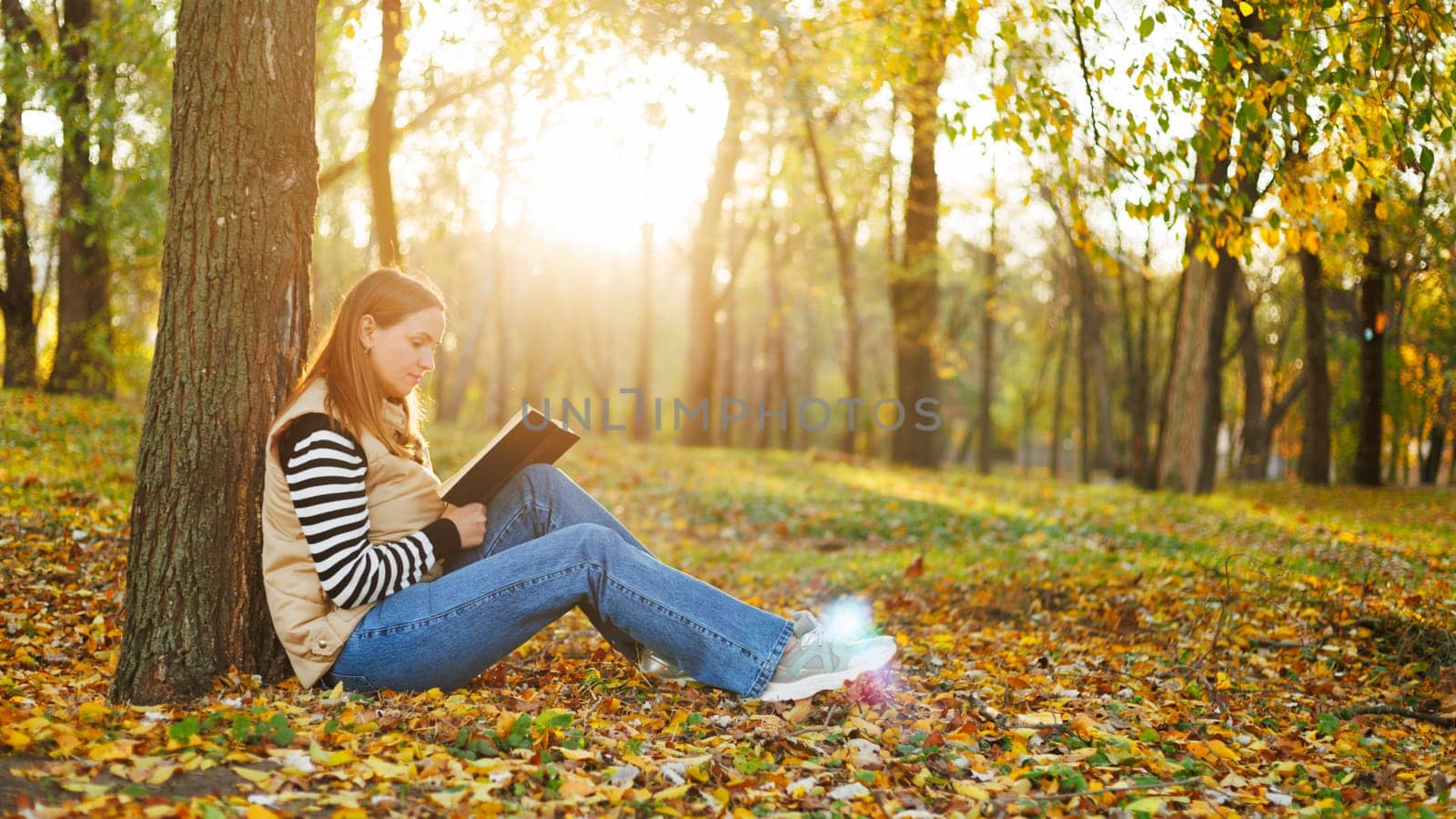 A woman sitting on the ground, leaning against a tree and reading a book in a park filled with fallen autumn leaves. Sunlight filters through the trees, adding a warm glow.