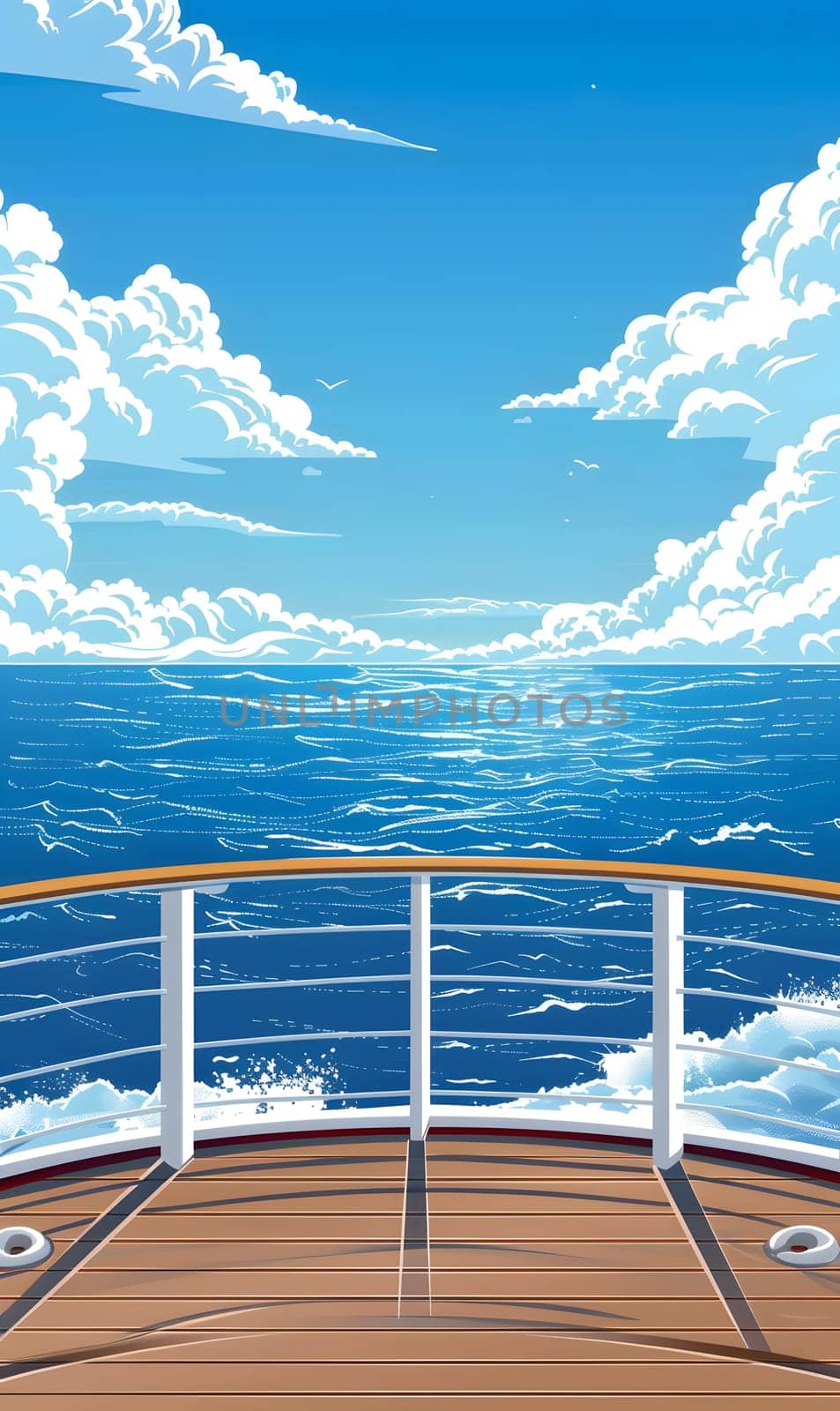 Serene ocean view from a ship deck with blue skies and fluffy white clouds