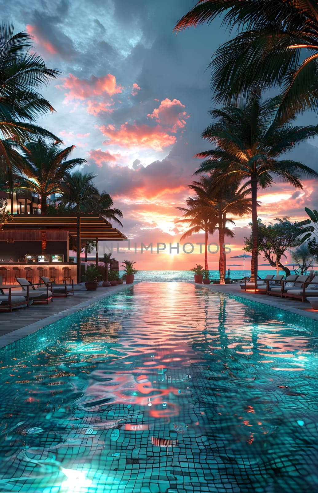 A beautiful scene of a large swimming pool surrounded by palm trees at sunset, with the sky painted in hues of orange and pink reflecting in the water
