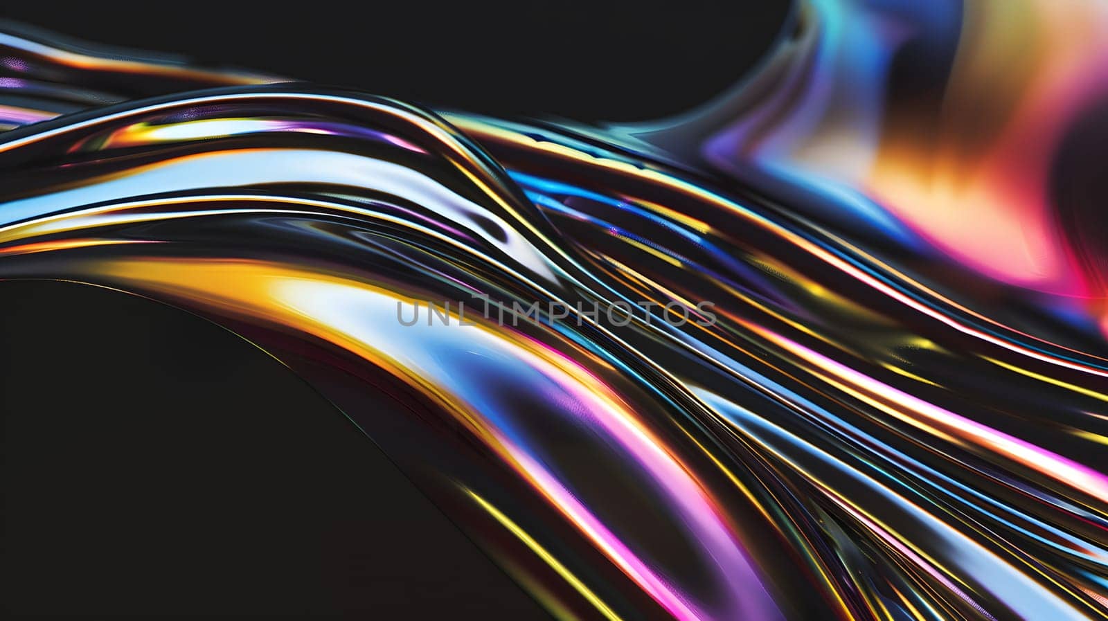 Fluid wave pattern with vibrant iridescent highlights on a dark background
