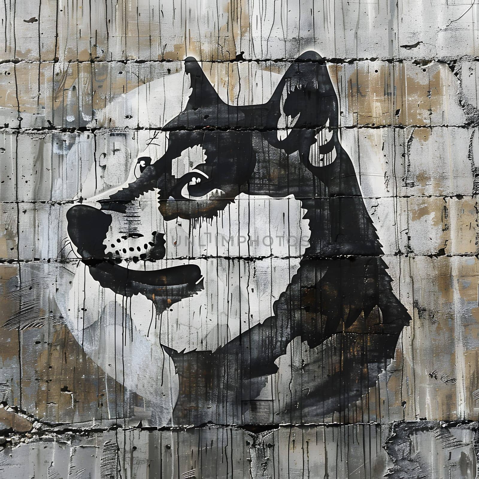 A dogs head is depicted in graffiti on a concrete wall, showcasing artistic gesture and visual arts through painting on bricks in a mural