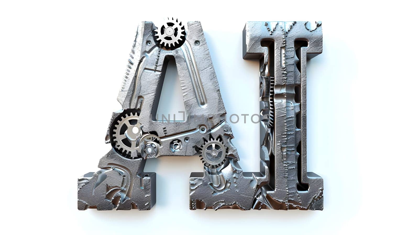 Metallic gears form the AI letters, blending automation, design, and technology