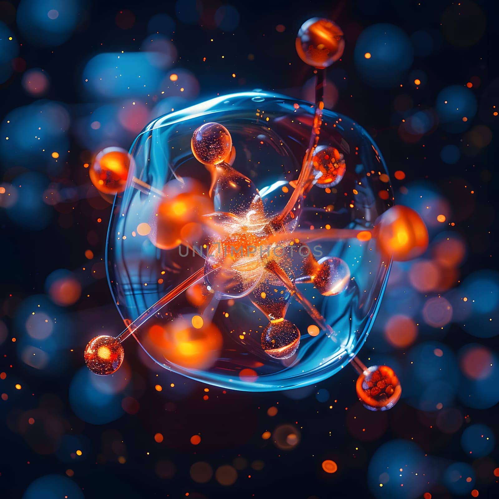 An electric blue computergenerated image of a molecule floating in a bubble, showcasing the beauty of science in the world of organisms and liquids