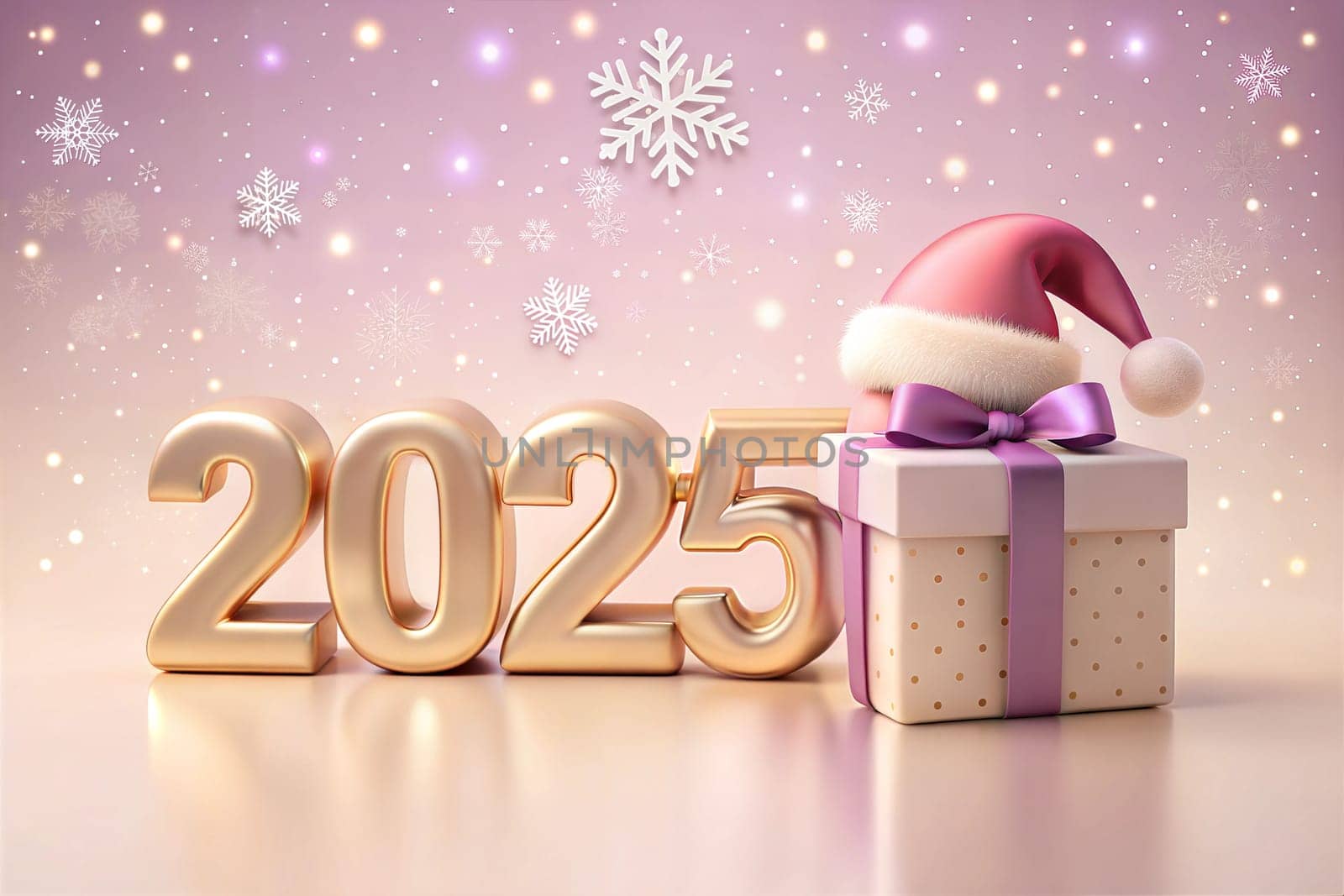 Christmas holiday background, Gold Merry Christmas 2025 poster design, gift and Santa's hat. New Year's greeting card. Ai generated