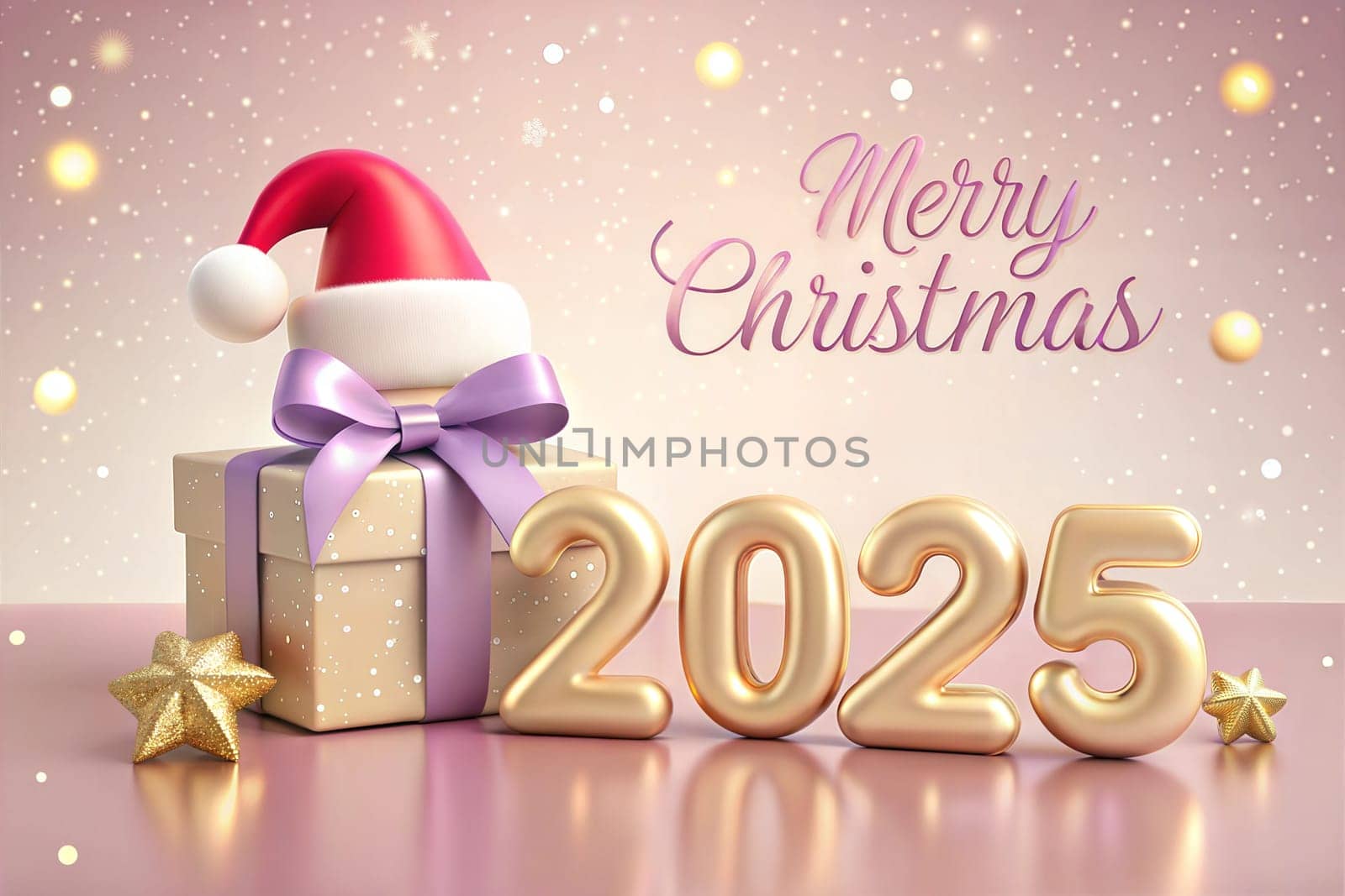 Christmas holiday background, Gold Merry Christmas 2025 poster design, gift and Santa's hat. New Year's greeting card. Ai generated