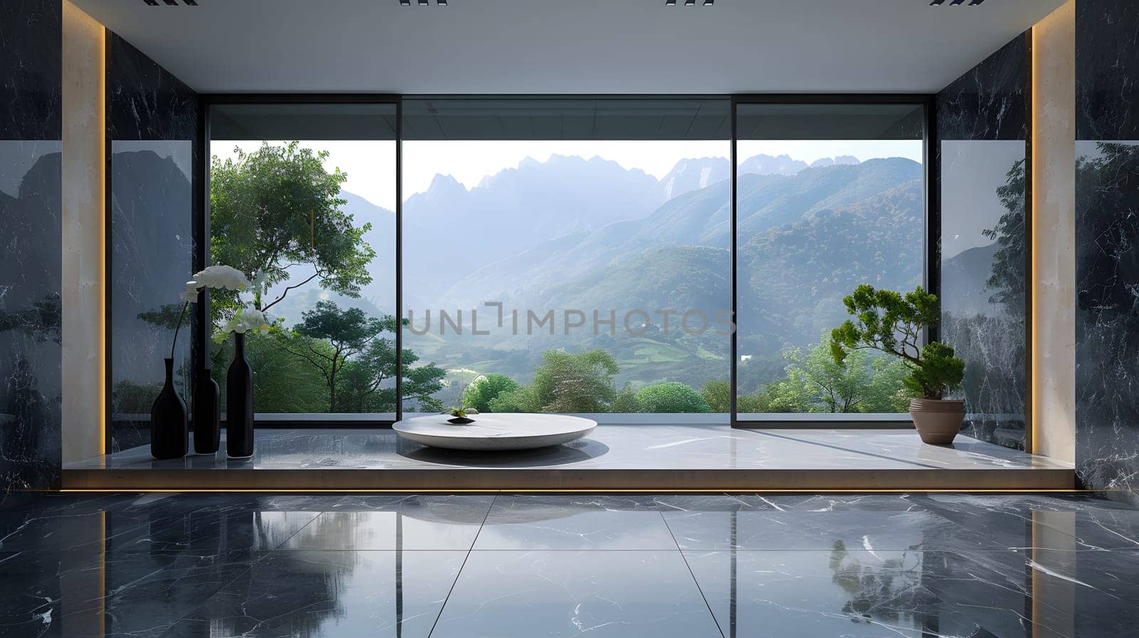 A minimalist room features panoramic mountain views, sleek design and greenery.