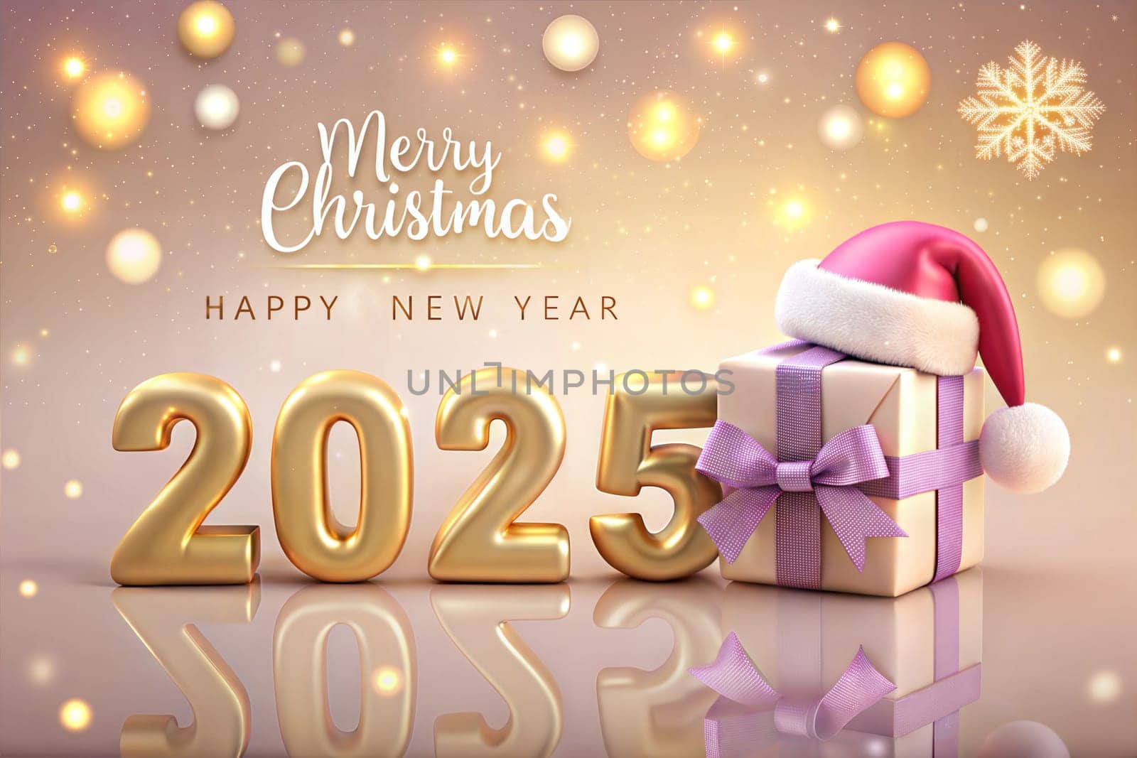 Christmas holiday background, Gold Merry Christmas 2025 poster design, gift and Santa's hat. New Year's greeting card. Ai generated