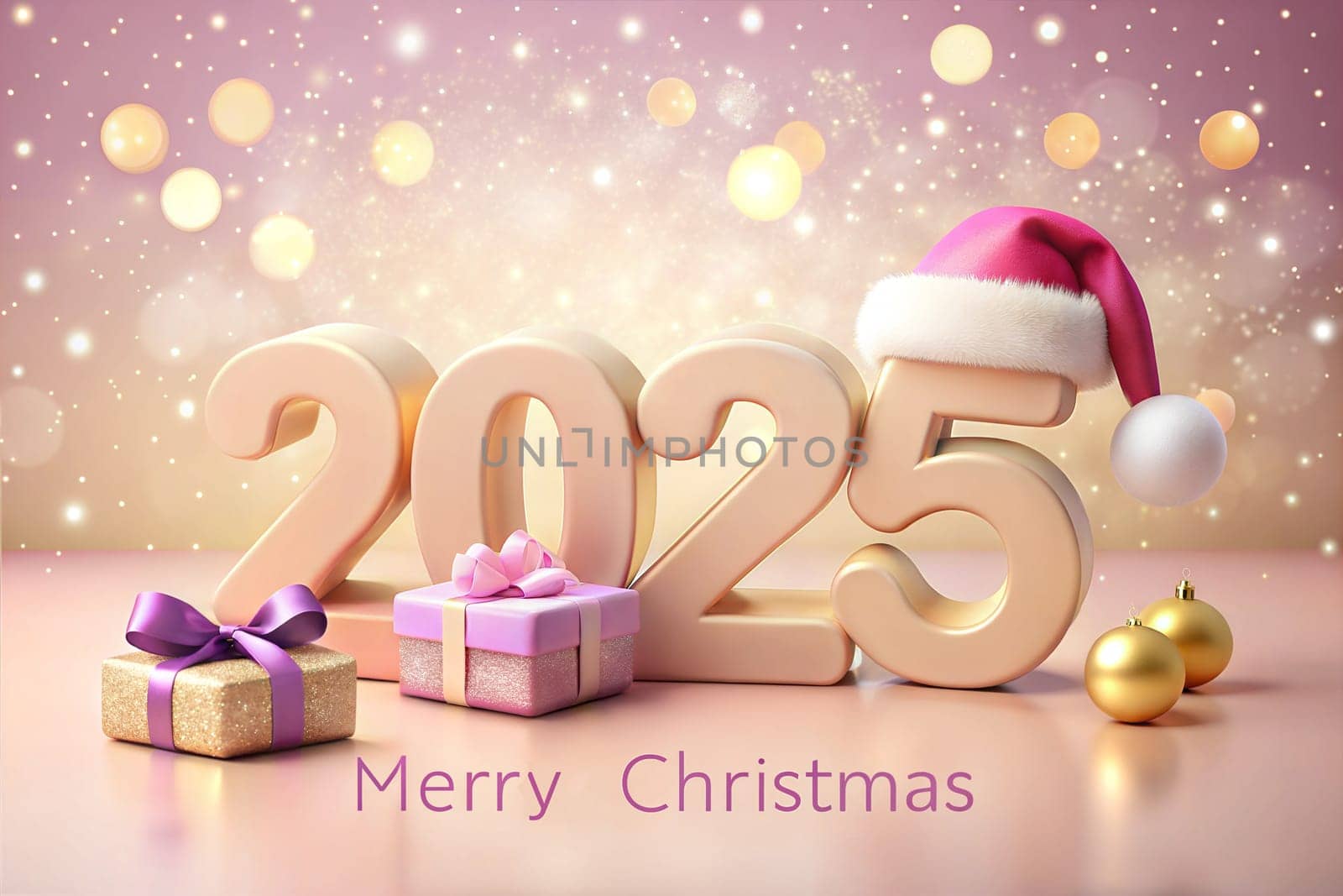 Christmas holiday background, Gold Merry Christmas 2025 poster design, gift and Santa's hat. New Year's greeting card. Ai generated