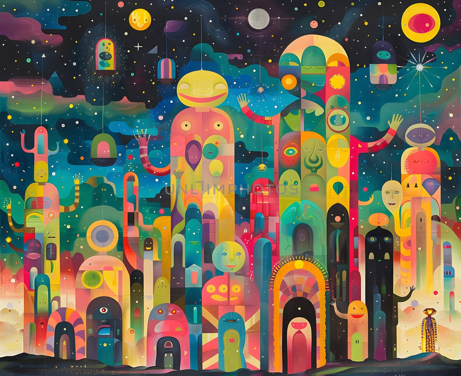 A vibrant painting of a city at night, featuring colorful buildings, purple hues, and illuminated windows. The architecture is depicted in a unique art style, using bold lines and rectangles