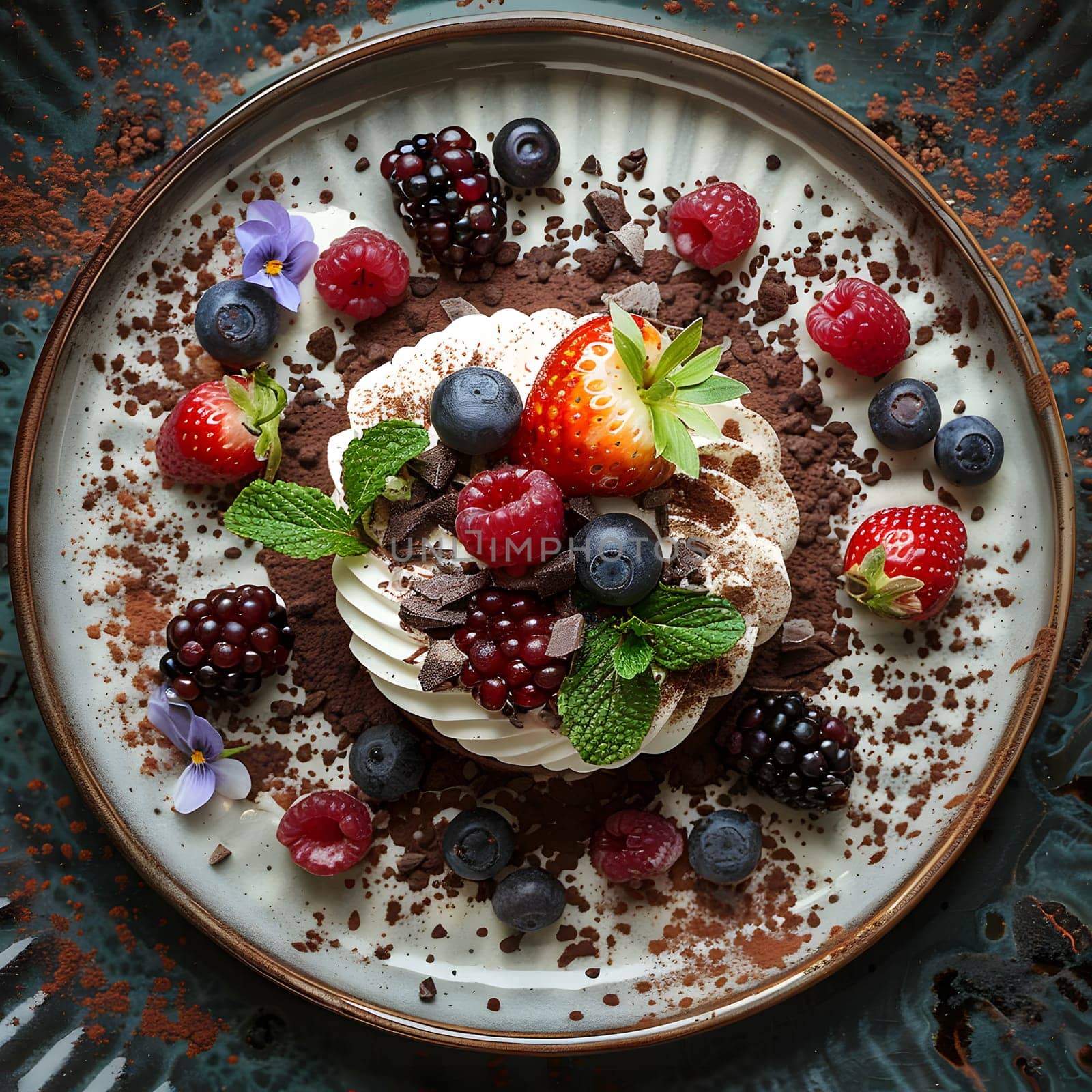 A delicious dessert featuring a variety of berries and rich chocolate, served elegantly on a plate. The perfect combination of natural foods and baked goods