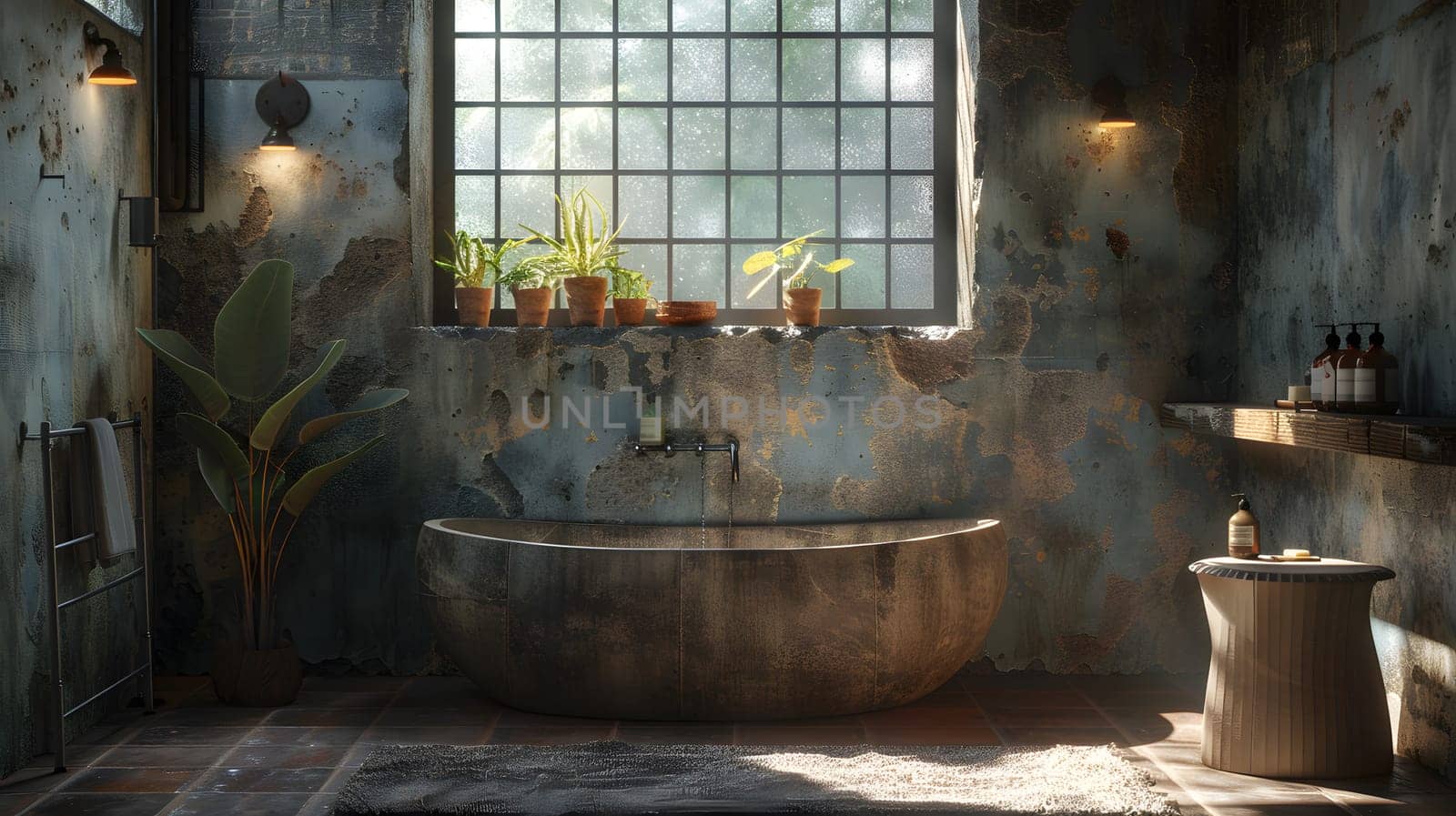 A bathroom in a house with hardwood flooring, a bathtub, toilet, and window. There is a plant in a flowerpot by the window