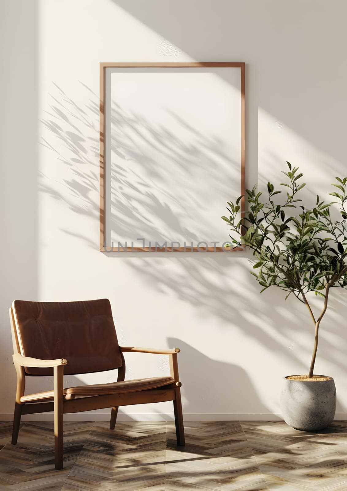 The room is furnished with a chair made of wood and a potted plant. The flooring is covered in shades of brown, creating a cozy atmosphere
