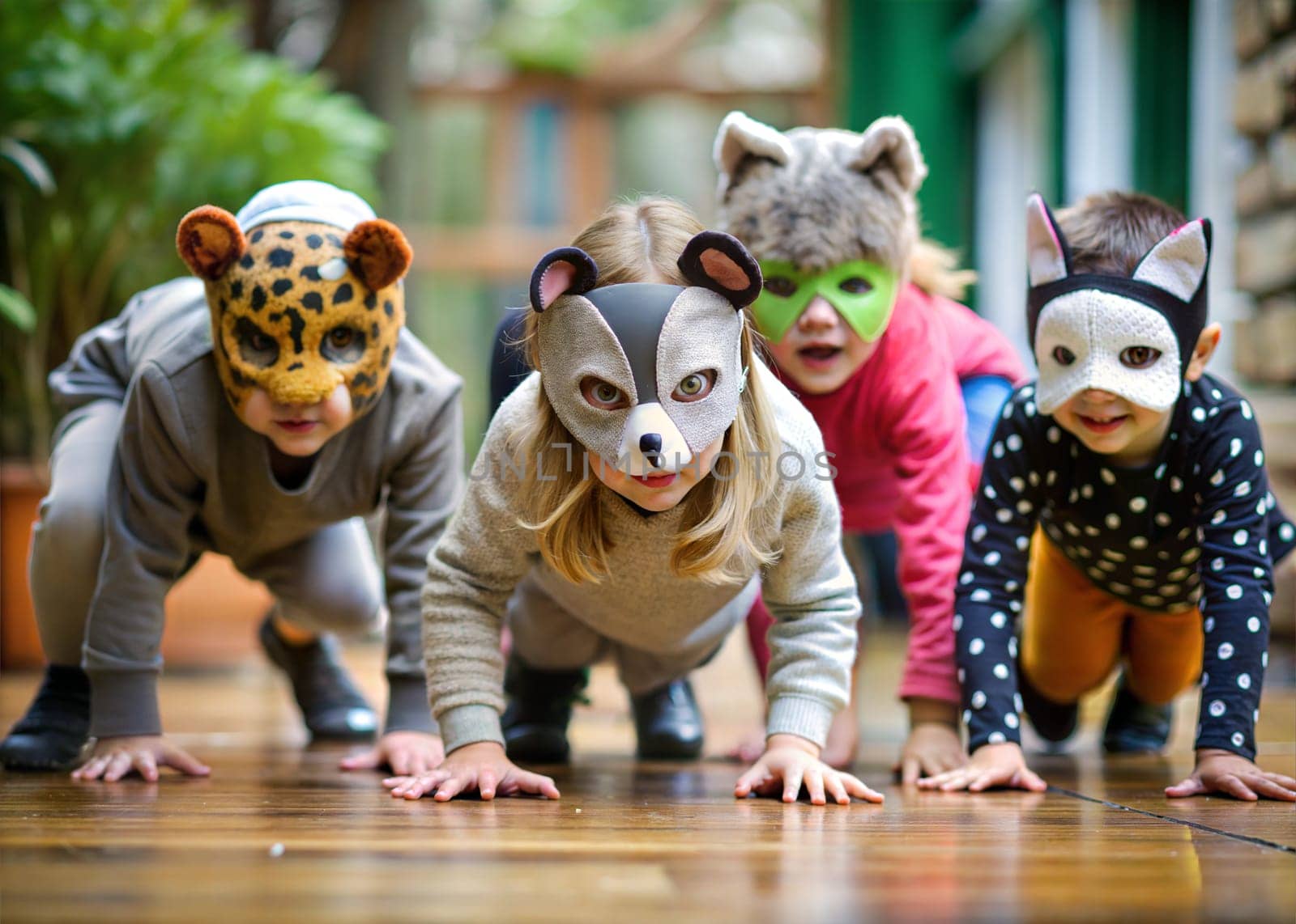 Quadrobics children in animal masks doing quadrobics, quadrobika subculture imitation of animal actions. Ai generated