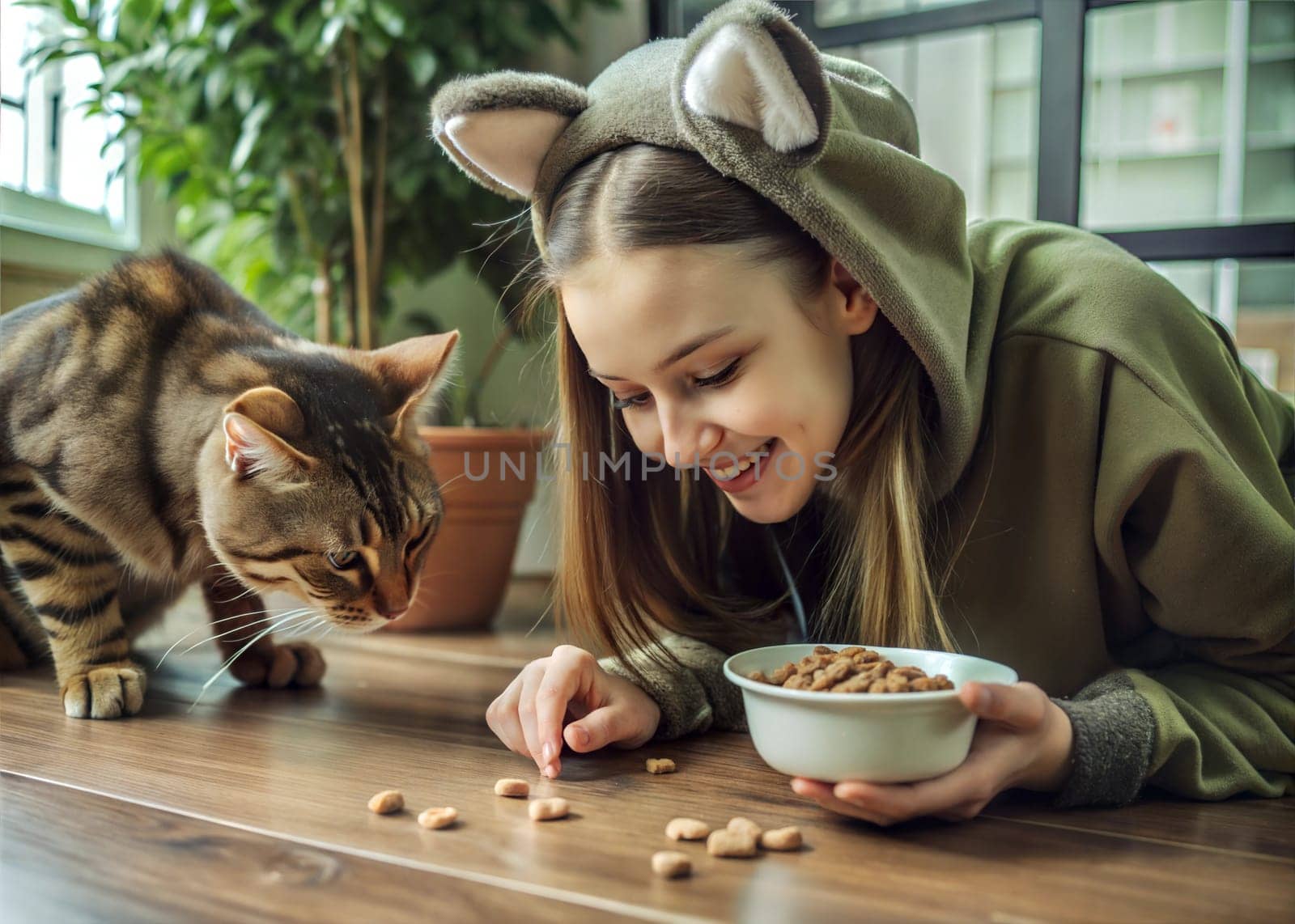 Girl in cat costume on the floor eating cat food from the bowl with cat. Girl imitating cat's behavior. Quadrobics, furry, theriantropy subculture. Ai generated