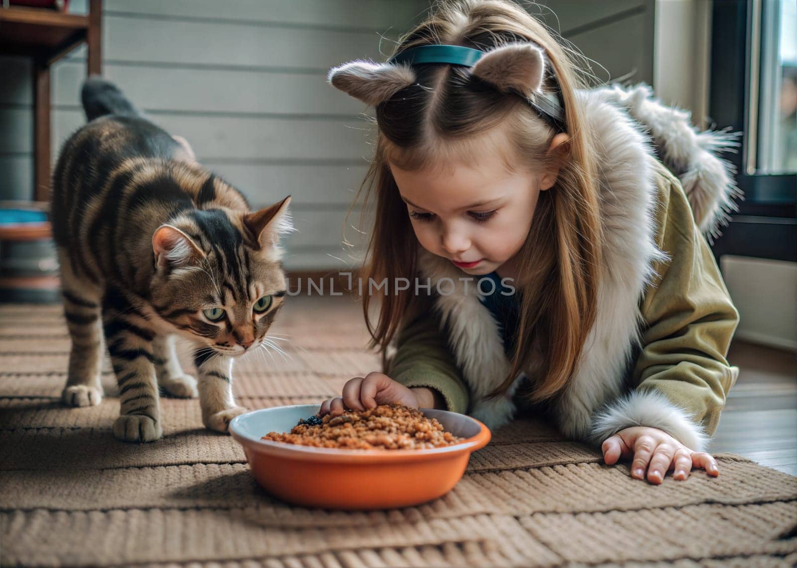 Little girl in cat costume on the floor eating cat food from the bowl with cat. Girl imitating cat's behavior. Quadrobics, furry, theriantropy subculture. Ai generated