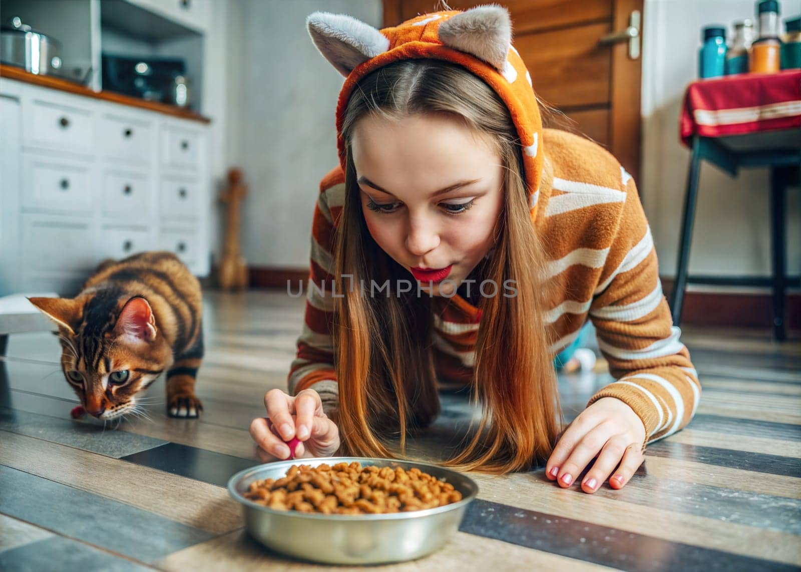Girl in cat costume on the floor eating cat food from the bowl with cat. Girl imitating cat's behavior. Quadrobics, furry, theriantropy subculture. Ai generated